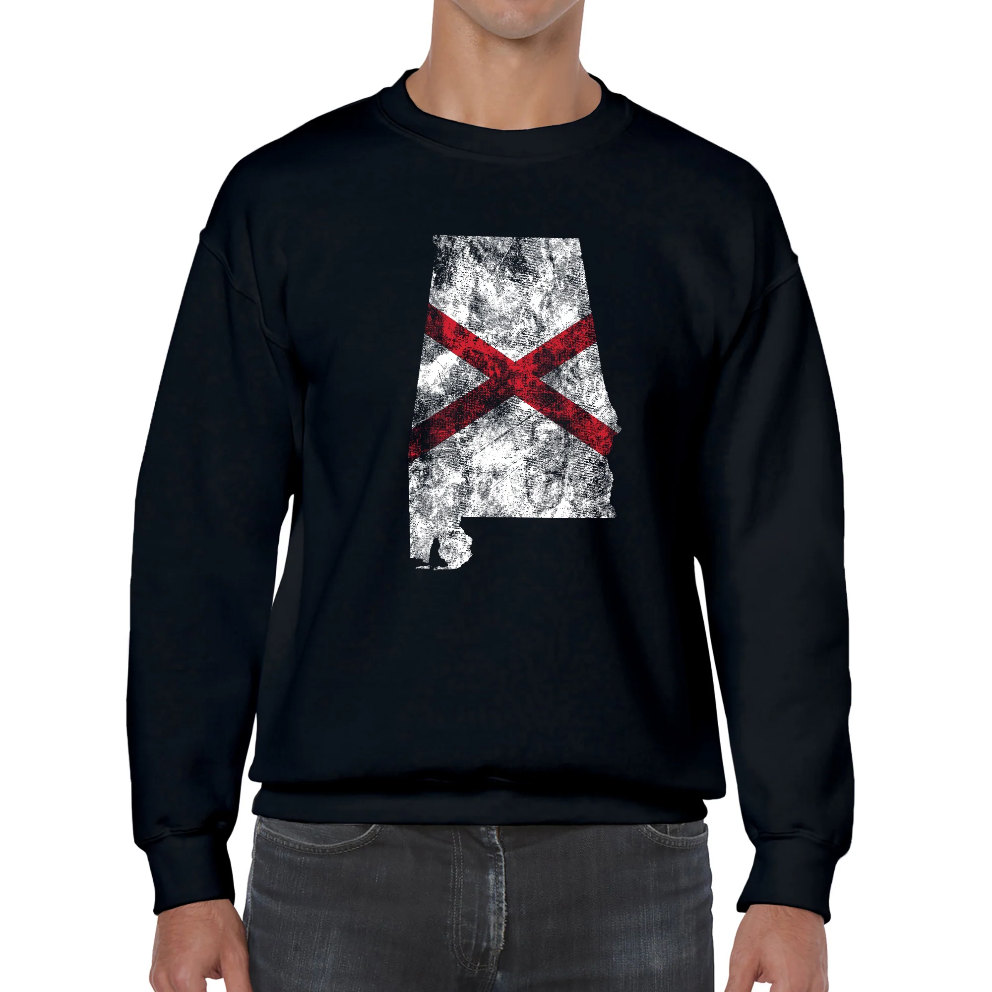 Alabama Distressed State Flag Outline Crewneck Sweatshirt - Black - Image 3