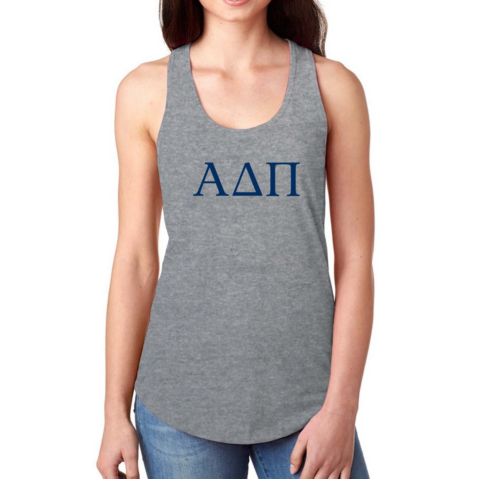 Alpha Delta Pi Greek Letter Block Racerback Tank - Heather Grey - Image 3