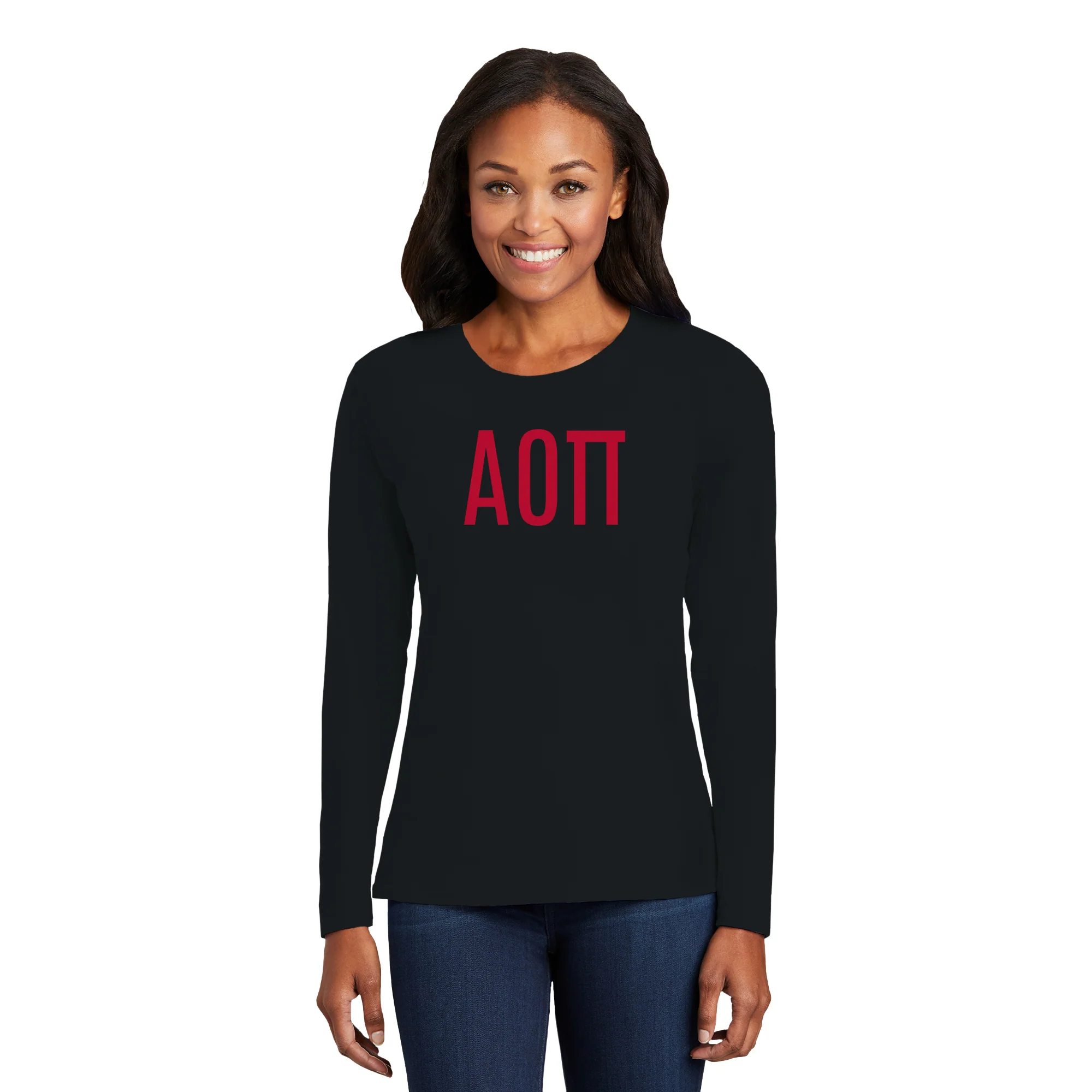 Alpha Omicron Pi Greek Letter Block Womens Long Sleeve - Black - Image 3