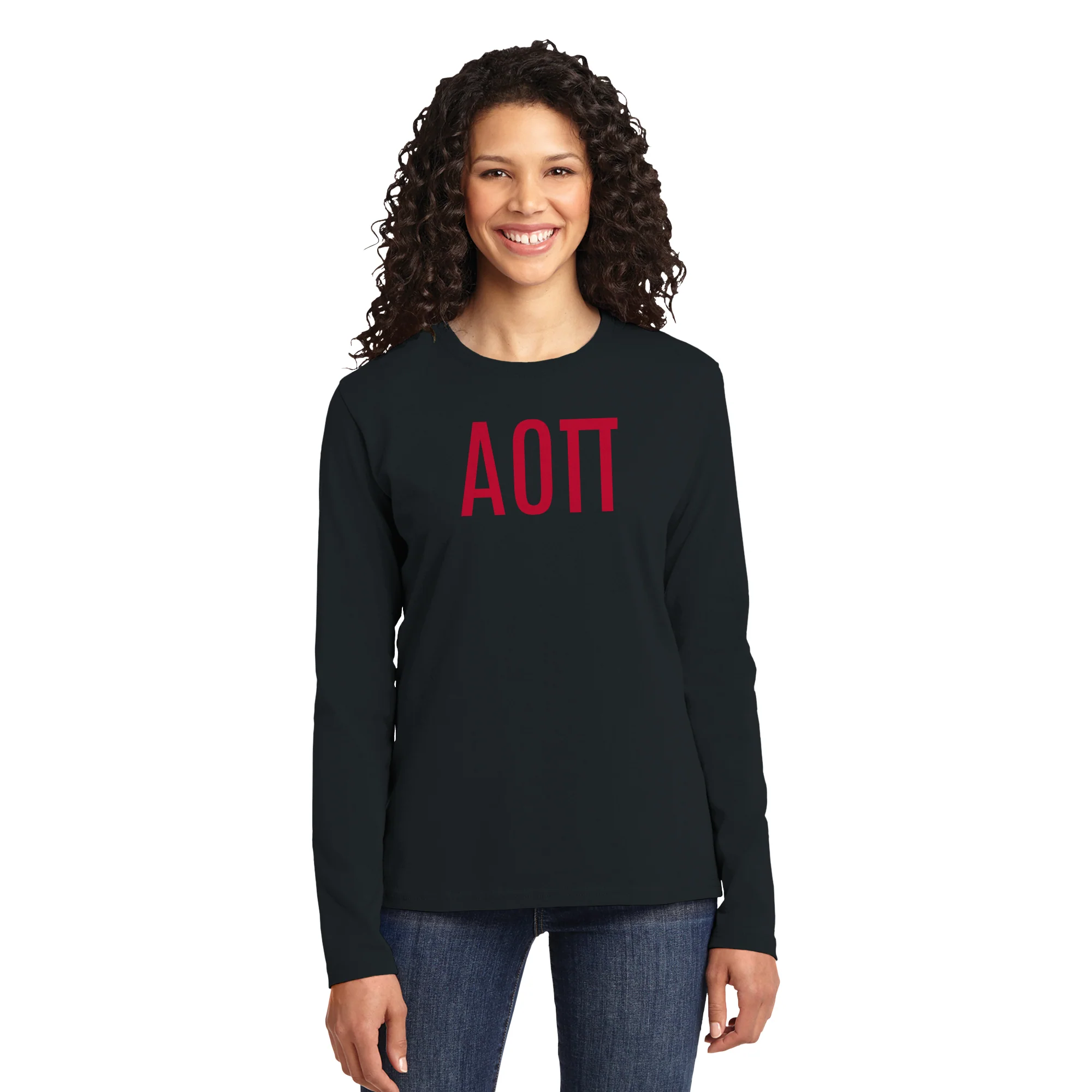 Alpha Omicron Pi Greek Letter Block Womens Long Sleeve - Black - Image 4