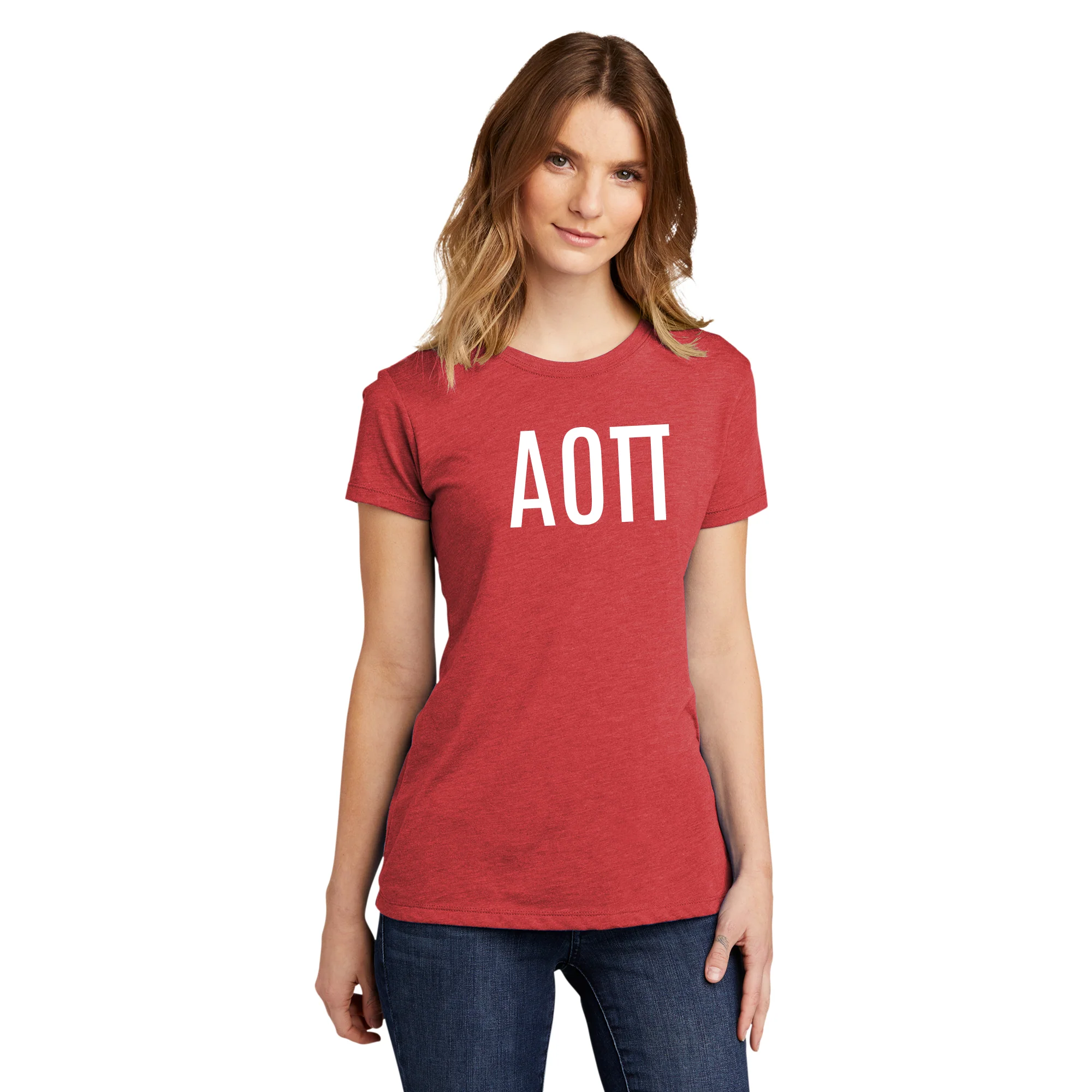 Alpha Omicron Pi Greek Letter Block Womens NLA Triblend T-Shirt - Vintage Red - Image 3