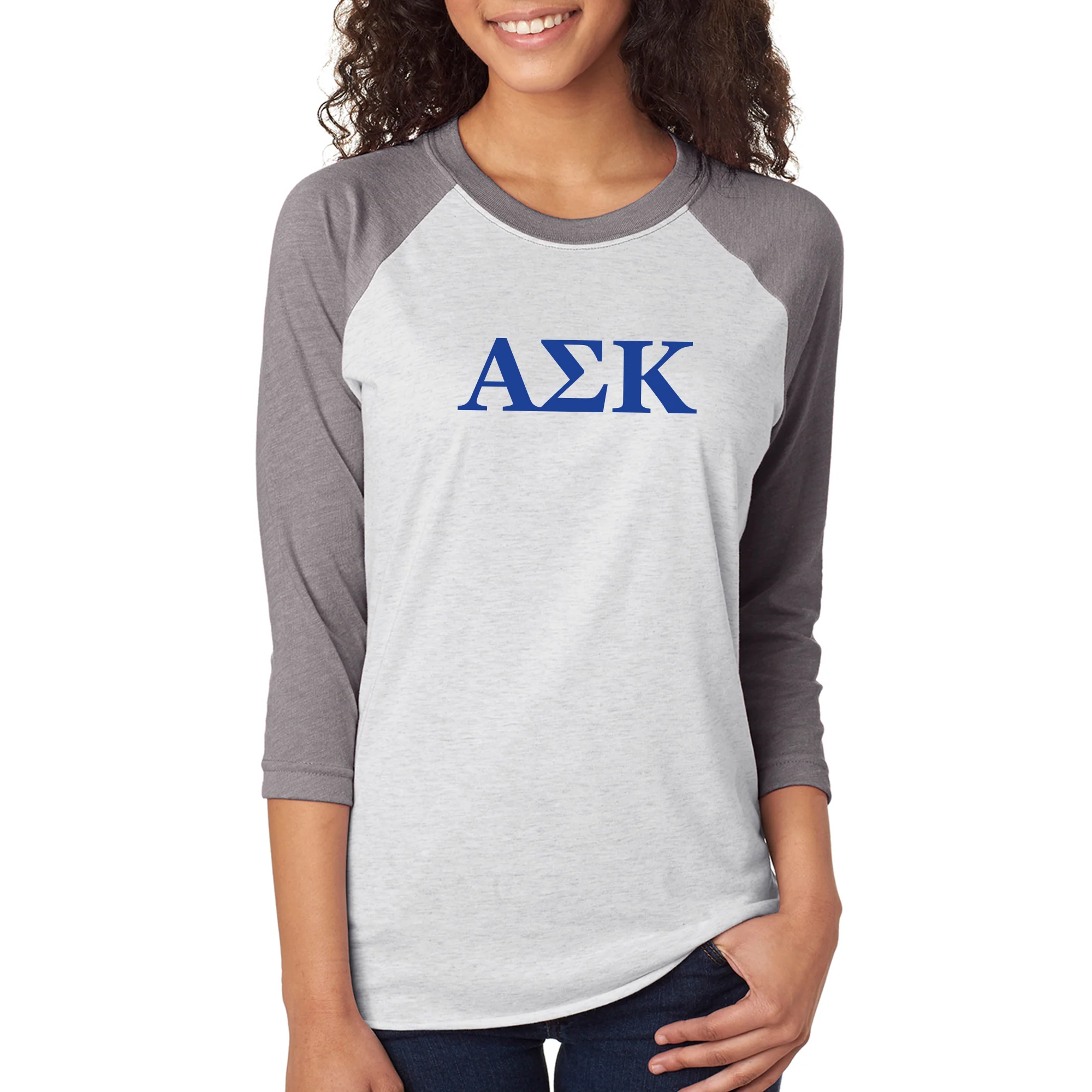 Alpha Sigma Kappa Greek Letter Block Raglan 3/4 Sleeve - Htr White / Prem Htr - Image 3