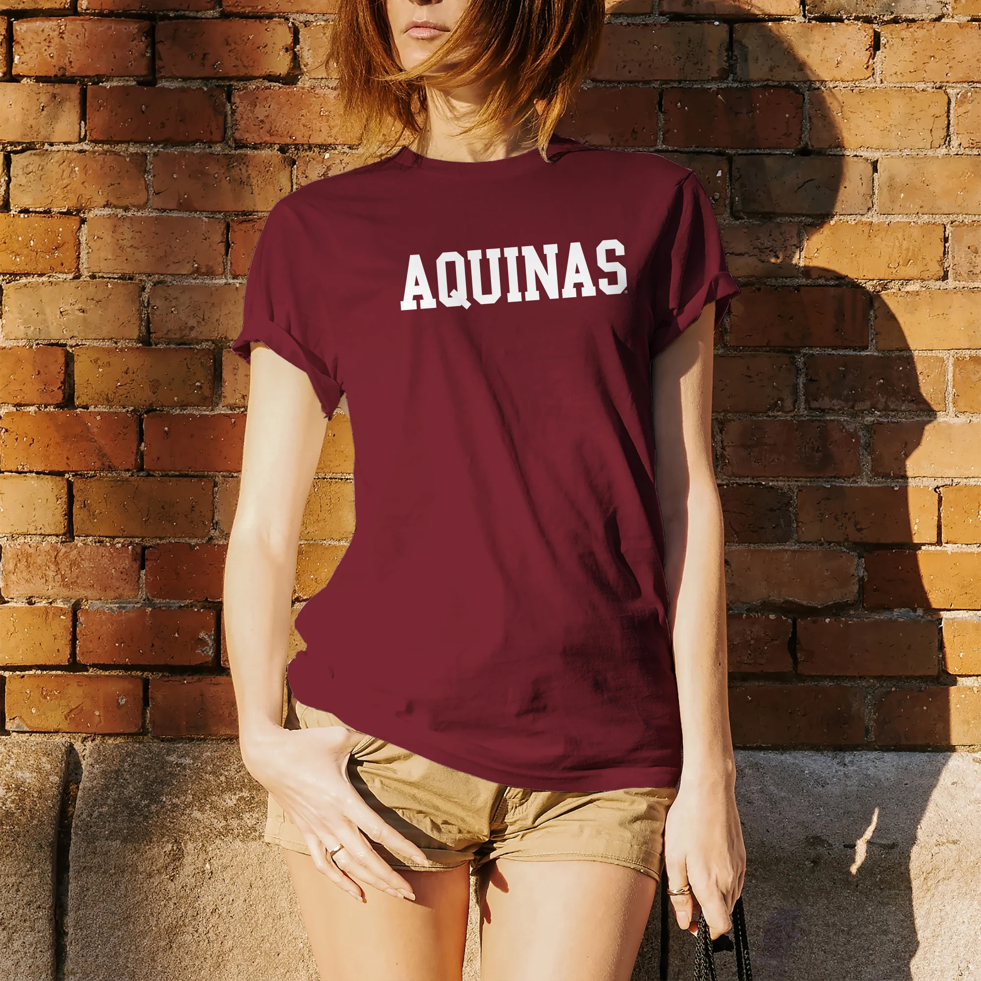 Aquinas College Saints Basic Block Basic Cotton Short Sleeve T Shirt - Garnet - Image 4
