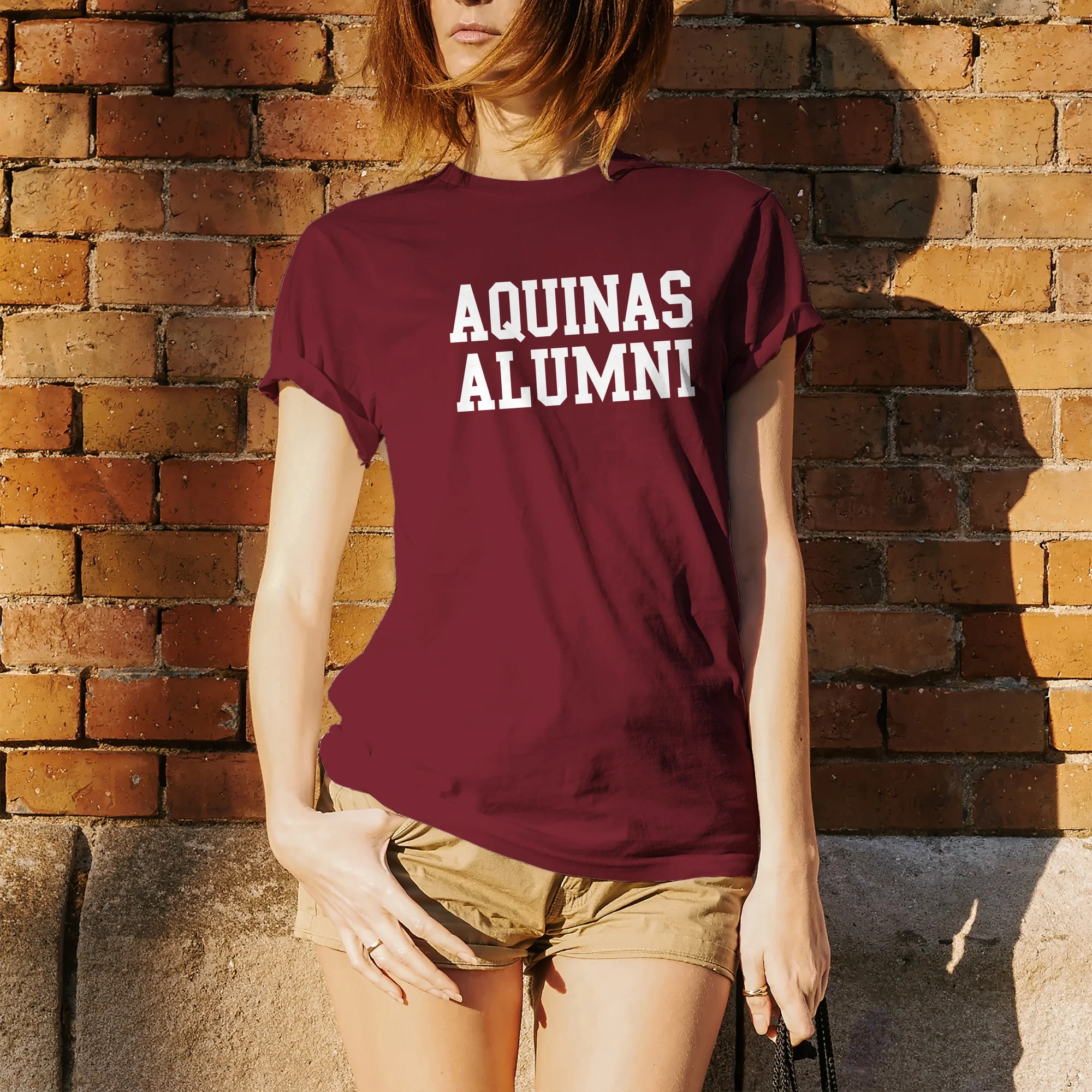 Aquinas College Saints Basic Block Alumni Cotton Short Sleeve T Shirt - Garnet - Image 4