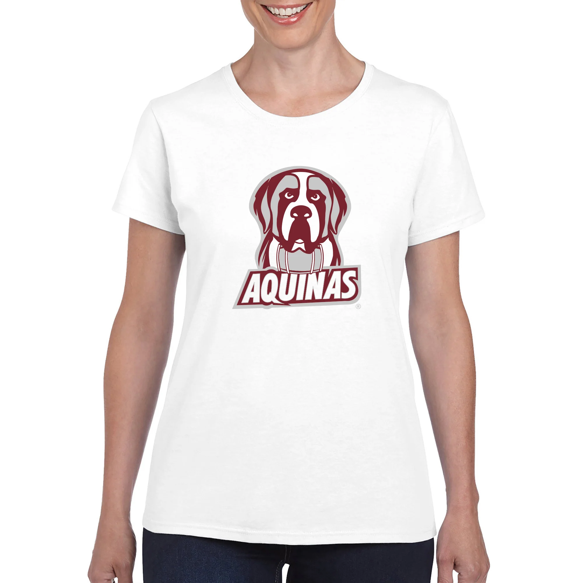 Aquinas College Saints Primary Logo Basic Cotton Womens Short Sleeve T Shirt - White - Image 3