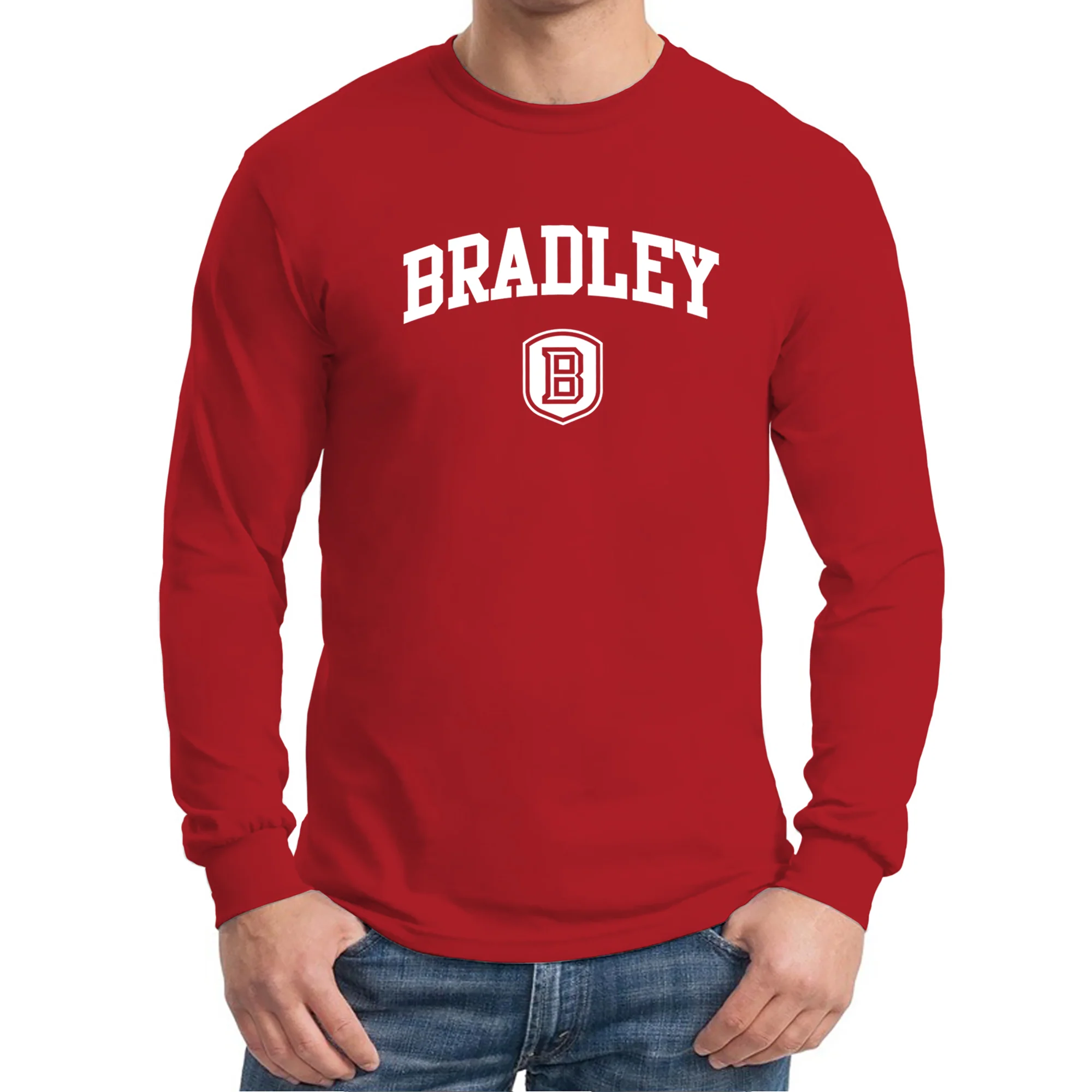 Bradley University Braves Arch Logo Basic Cotton Long Sleeve T Shirt - Red - Image 3