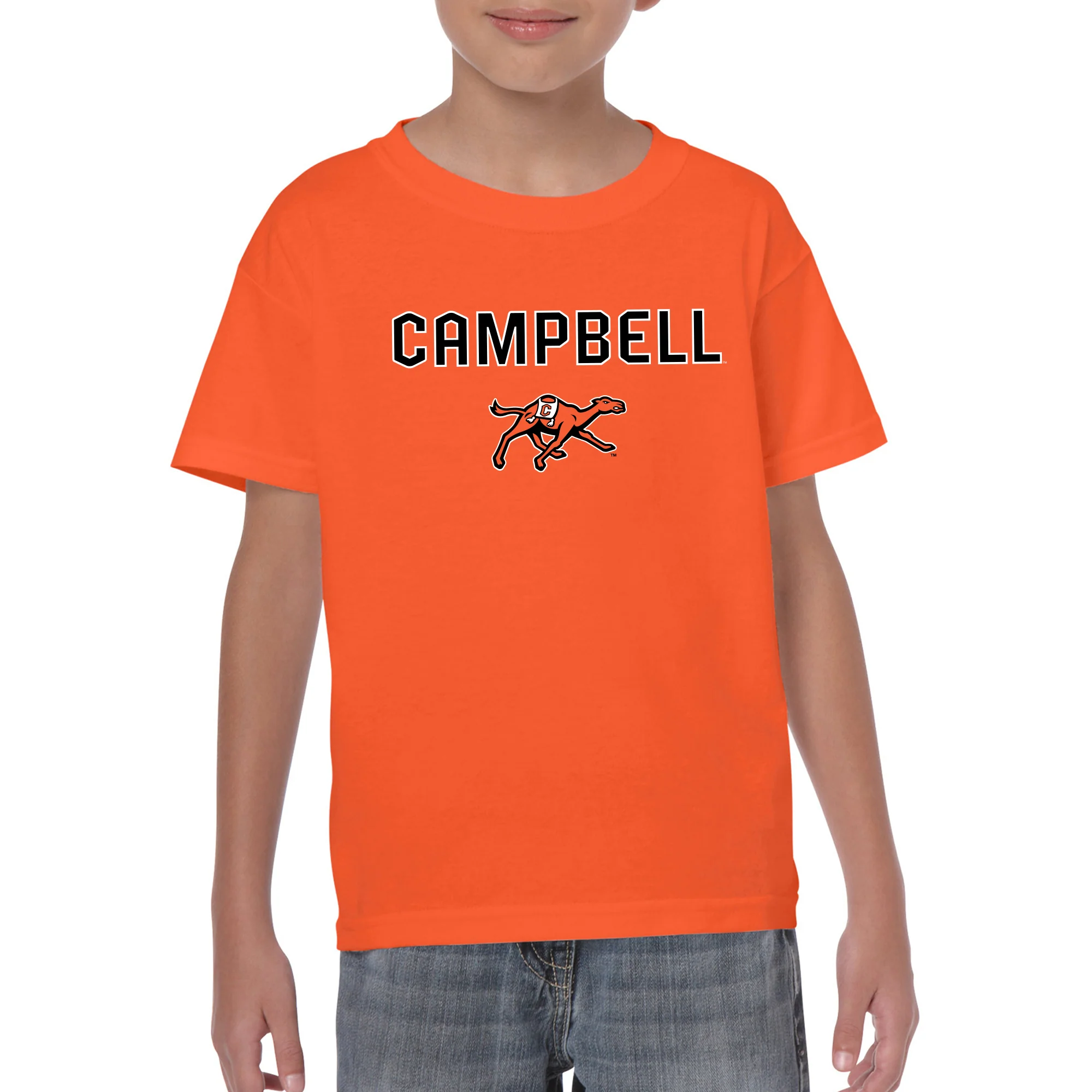 Campbell University Fighting Camels Arch Logo Basic Cotton Youth Short Sleeve T-Shirt - Orange - Image 3
