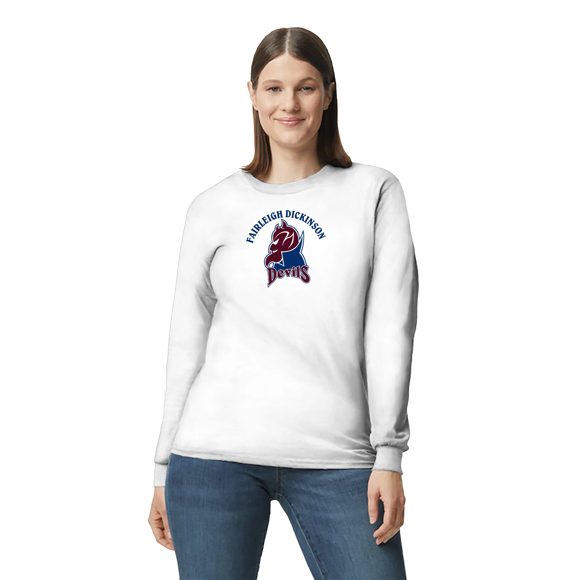 Fairleigh Dickinson University Devils Arch Logo Basic Cotton Long Sleeve T Shirt - White - Image 4