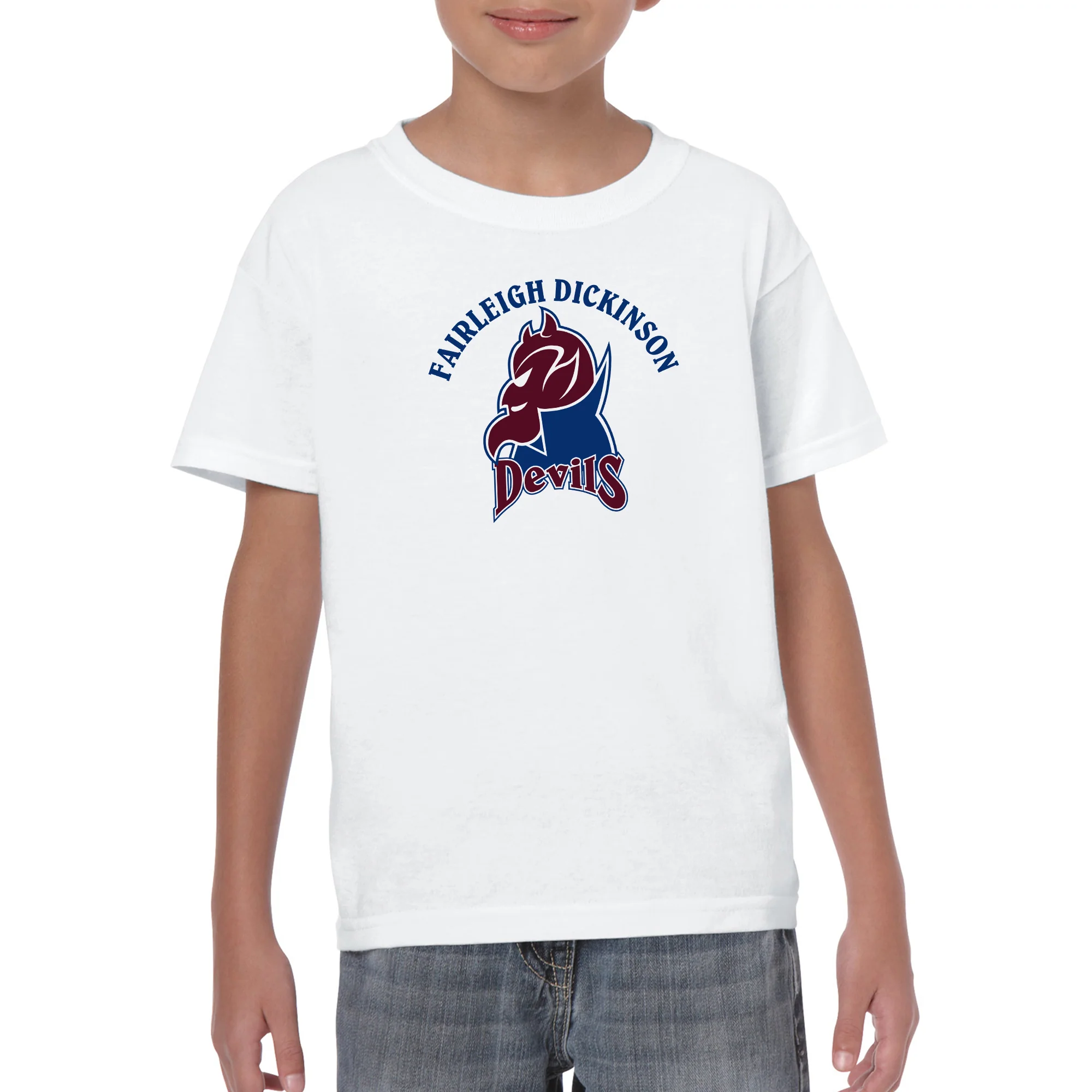 Fairleigh Dickinson University Devils Arch Logo Basic Cotton Youth Short Sleeve T Shirt - White - Image 3