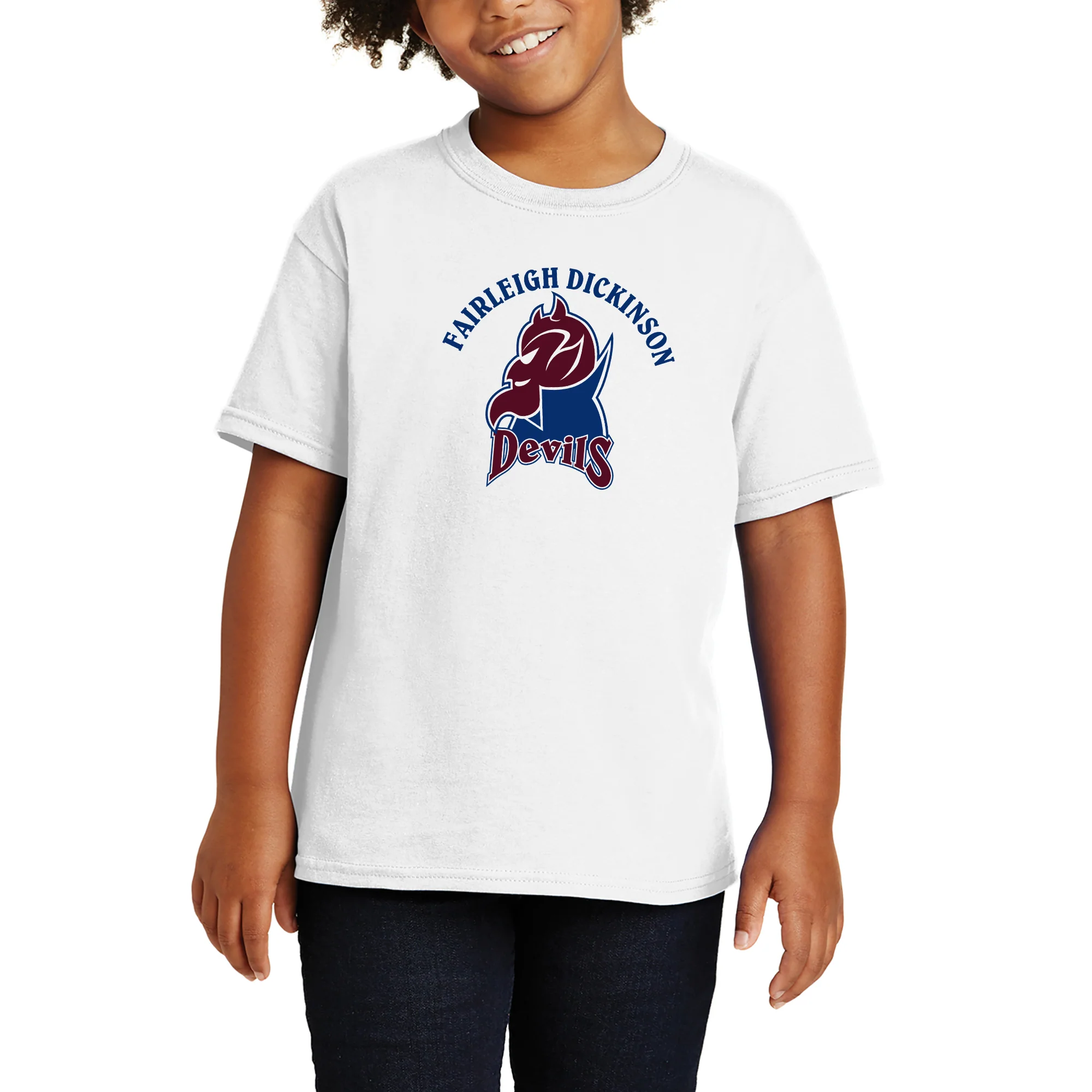 Fairleigh Dickinson University Devils Arch Logo Basic Cotton Youth Short Sleeve T Shirt - White - Image 4