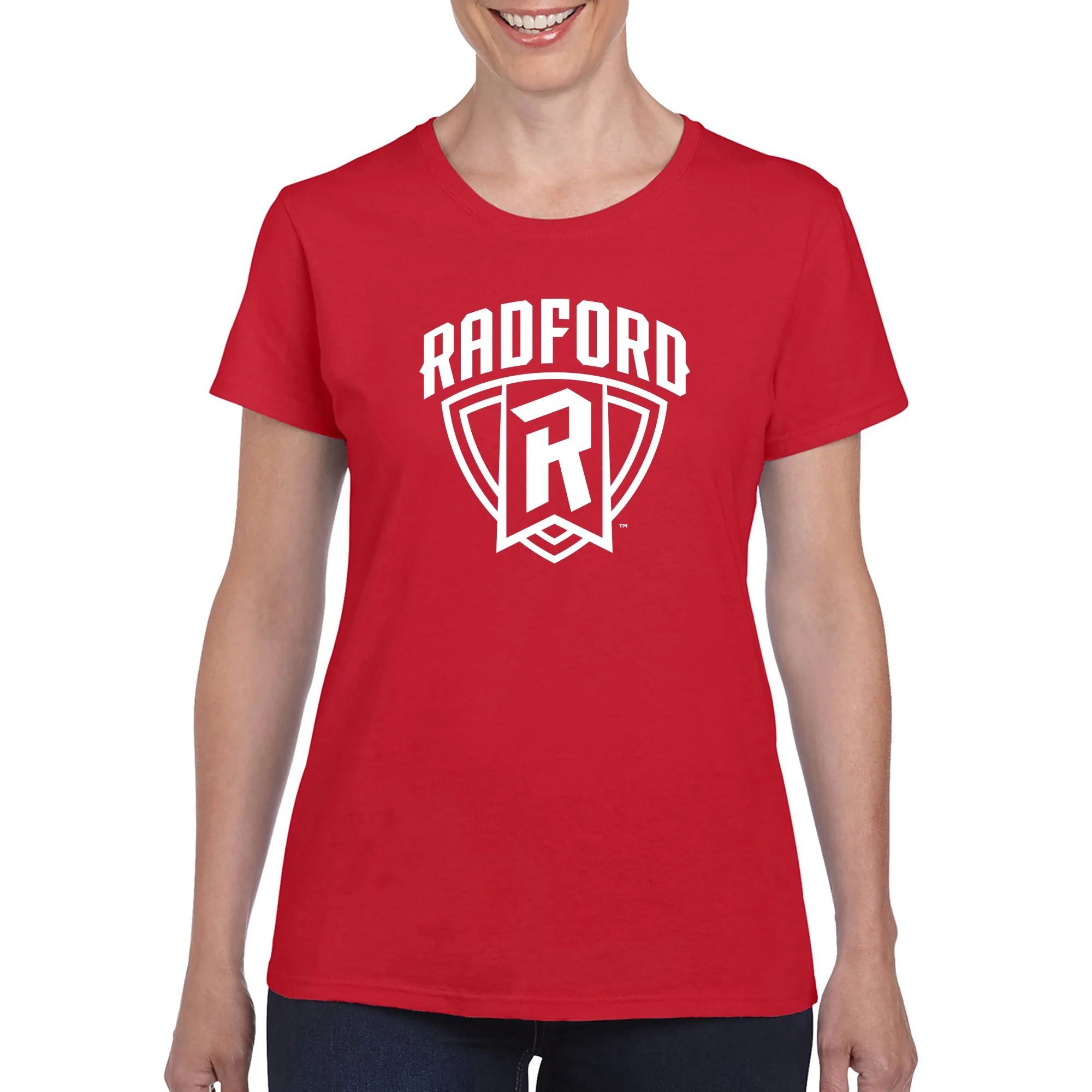 Radford University Highlanders Arch Logo Basic Cotton Short Sleeve Womens T Shirt - Red - Image 3