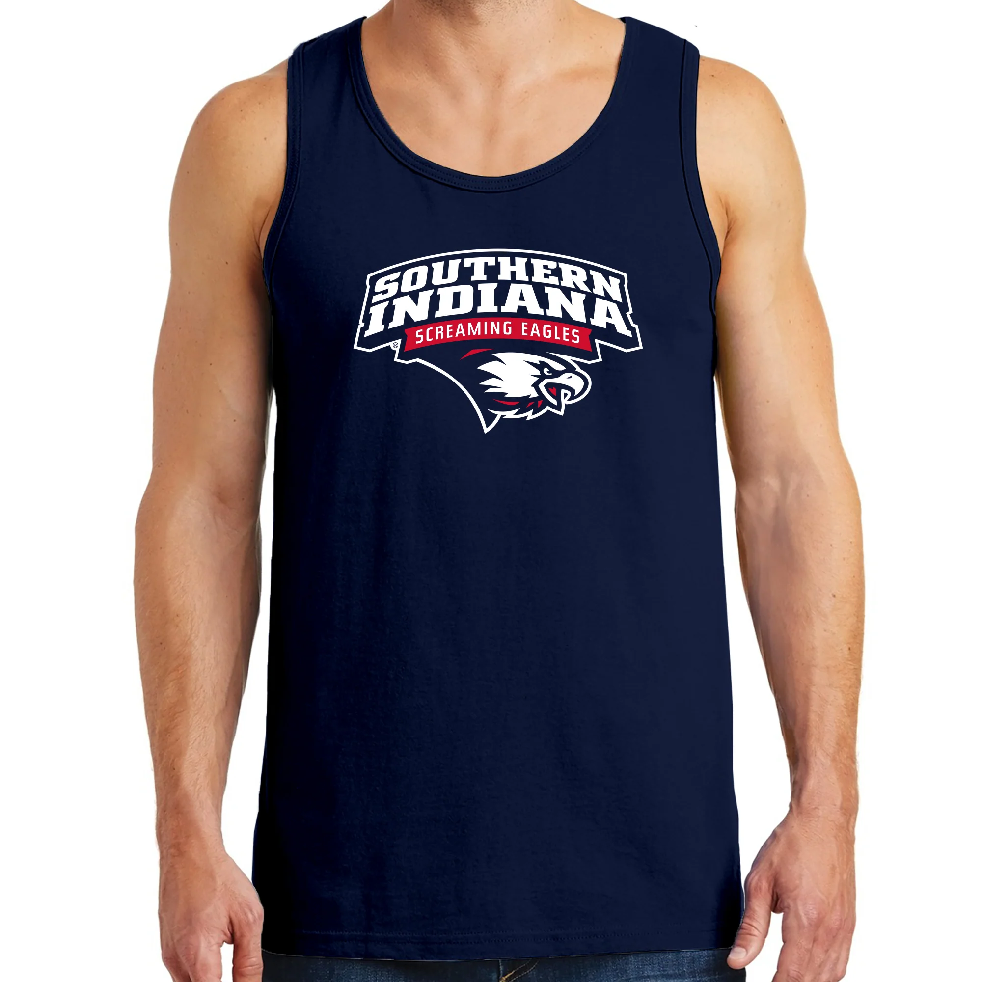 University of Southern Indiana Screaming Eagles Arch Logo Heavy Cotton Tank Top - Navy - Image 3