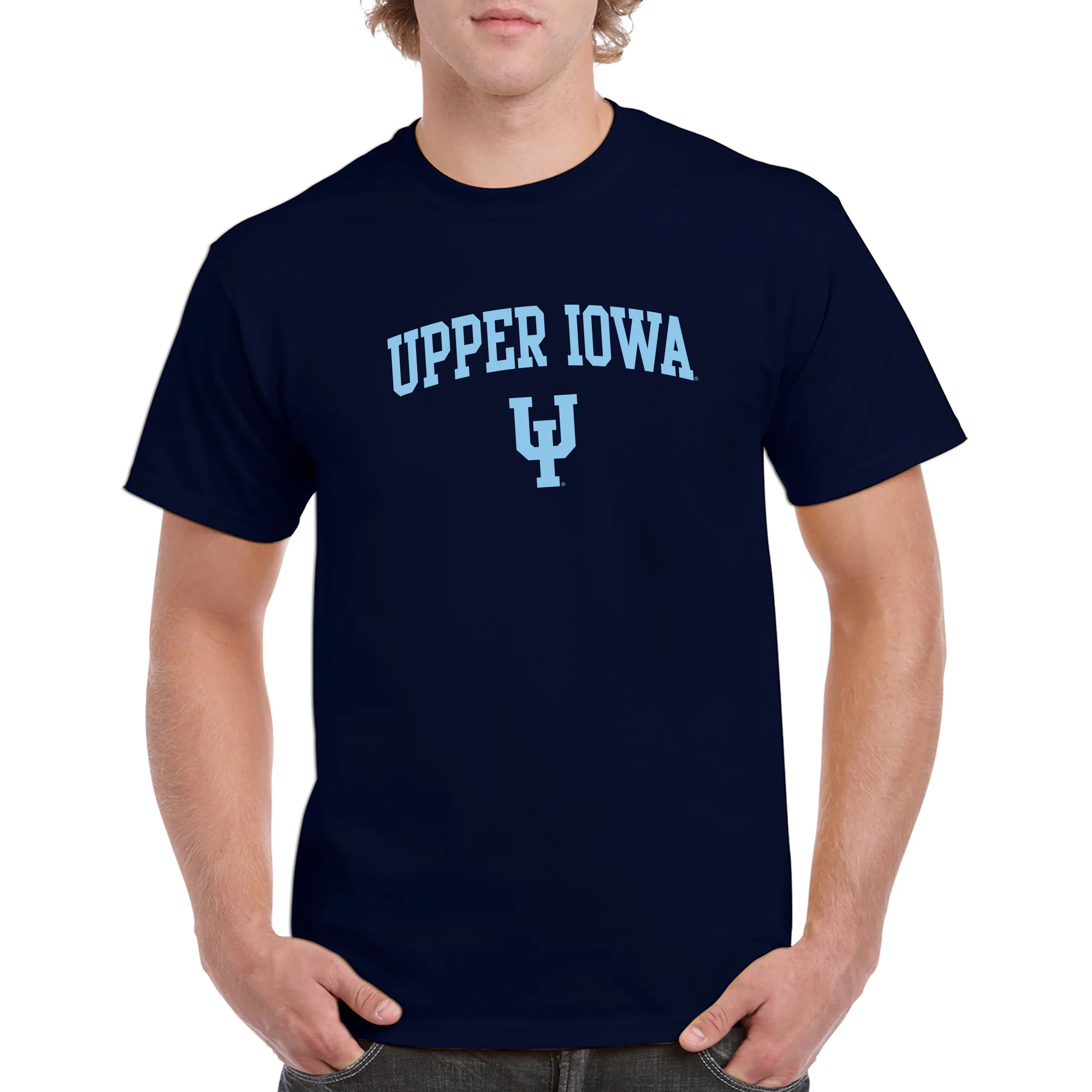 Upper Iowa University Peacocks Arch Logo Basic Cotton Short Sleeve T Shirt - Navy - Image 3