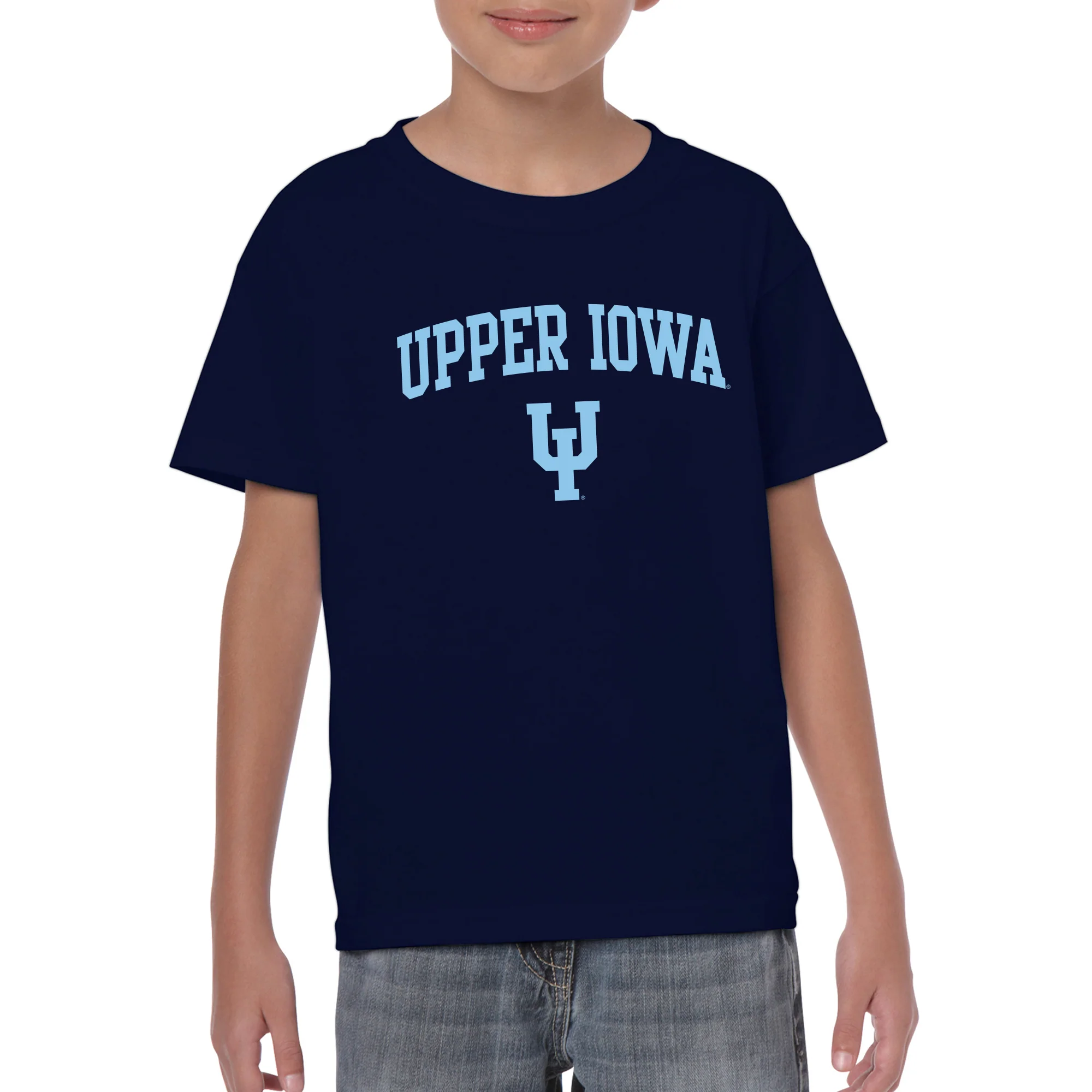 Upper Iowa University Peacocks Arch Logo Basic Cotton Youth Short Sleeve T Shirt - Navy - Image 3