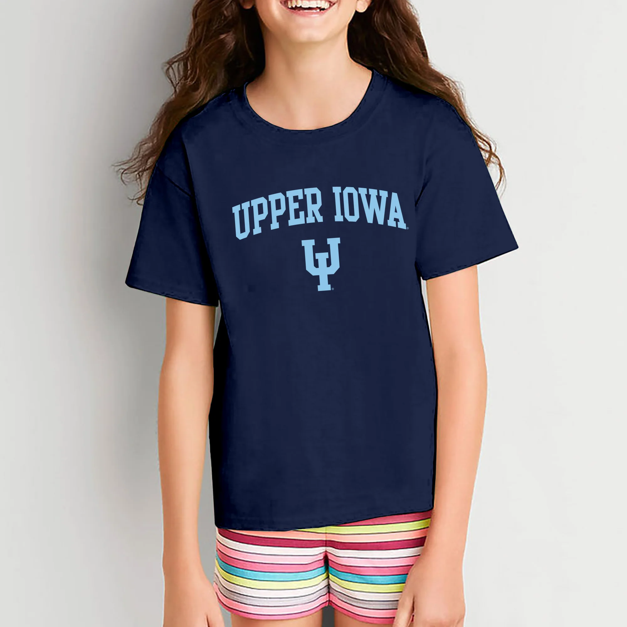 Upper Iowa University Peacocks Arch Logo Basic Cotton Youth Short Sleeve T Shirt - Navy - Image 4