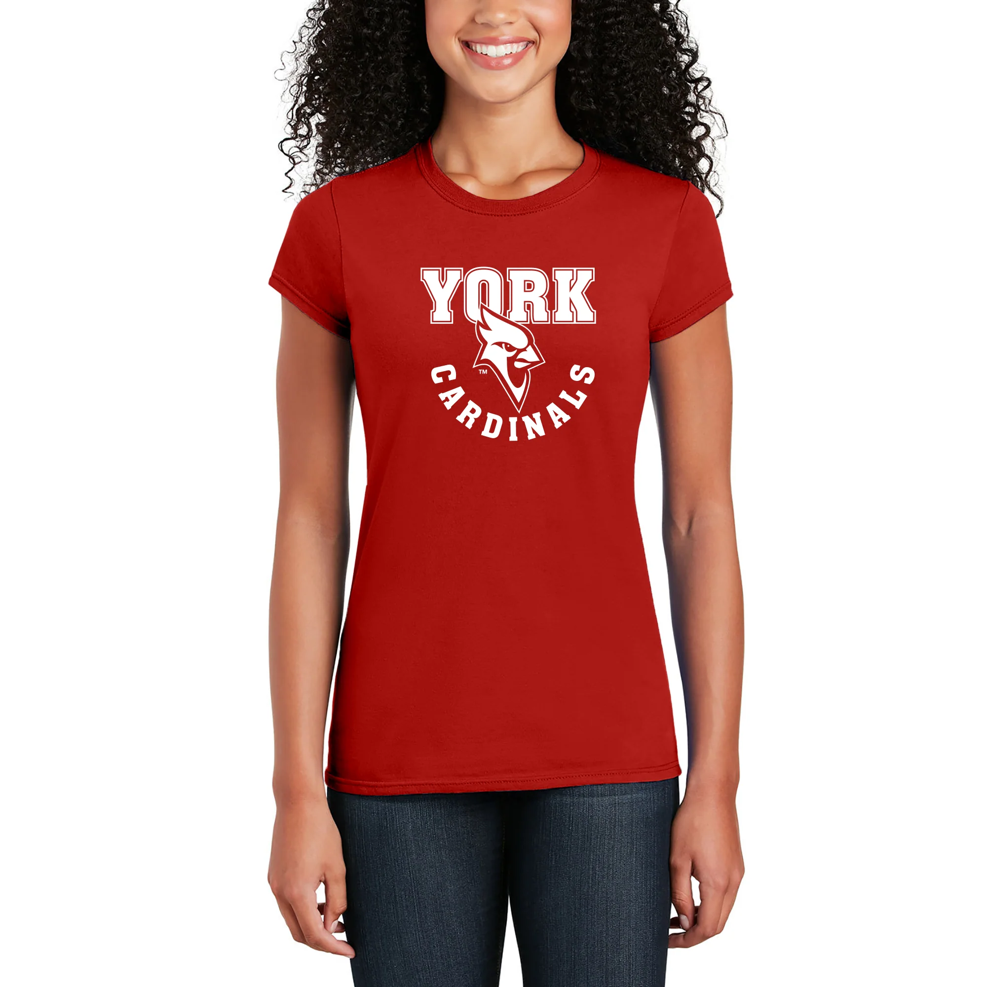 York College Cardinals Arch Logo Basic Cotton Womens Short Sleeve T Shirt - Red - Image 3