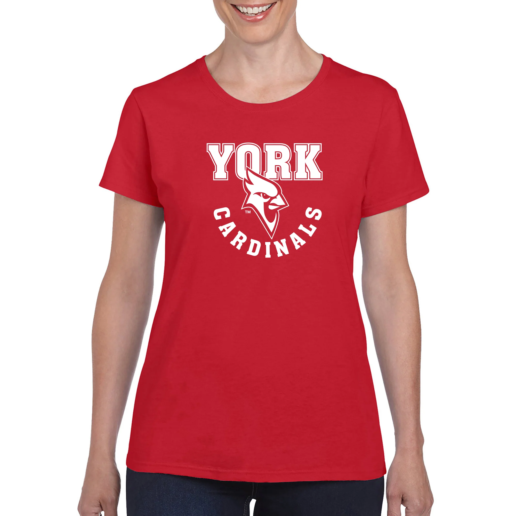 York College Cardinals Arch Logo Basic Cotton Womens Short Sleeve T Shirt - Red - Image 4