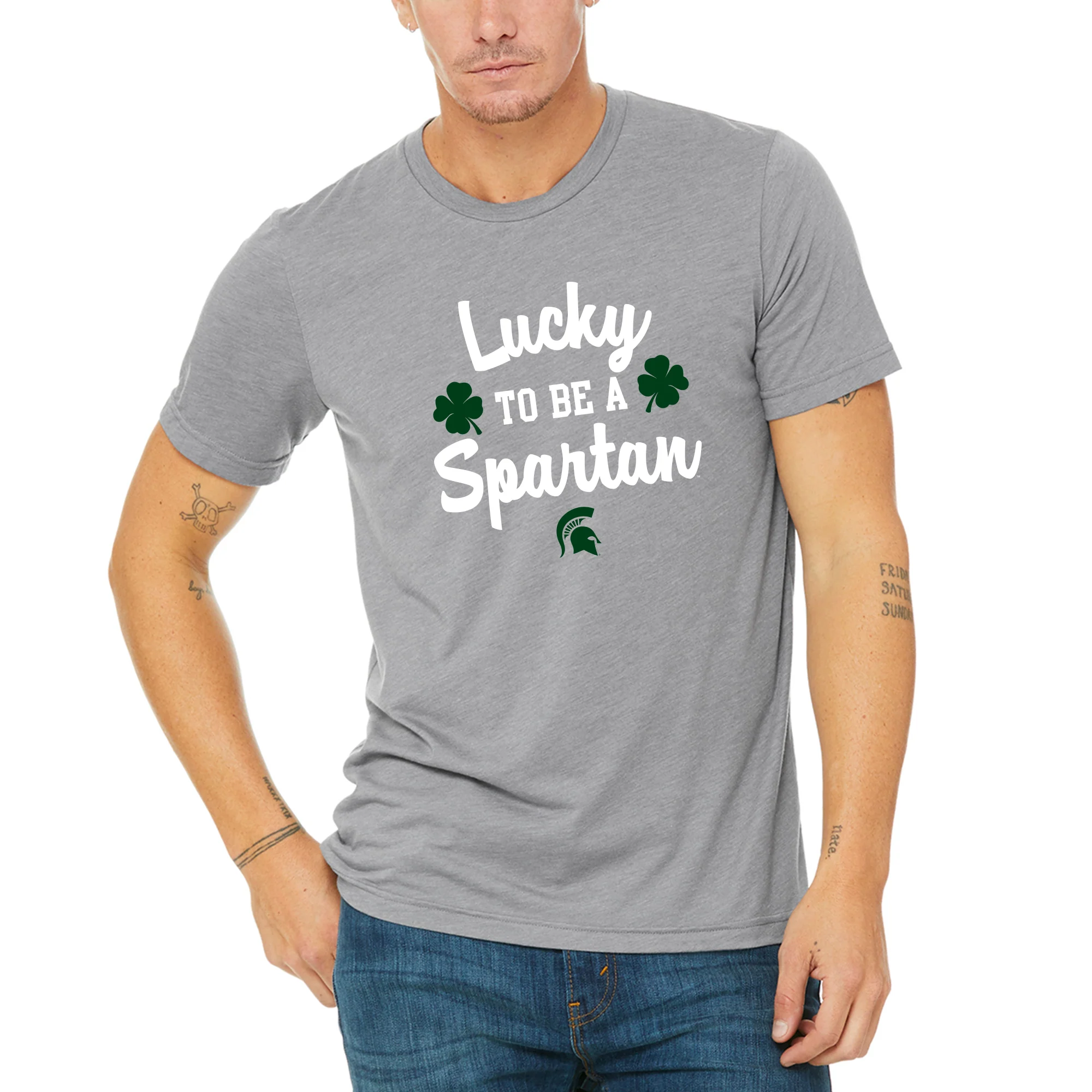 Michigan State Spartans Lucky to be a Spartan Triblend T Shirt - Athletic Grey - Image 3