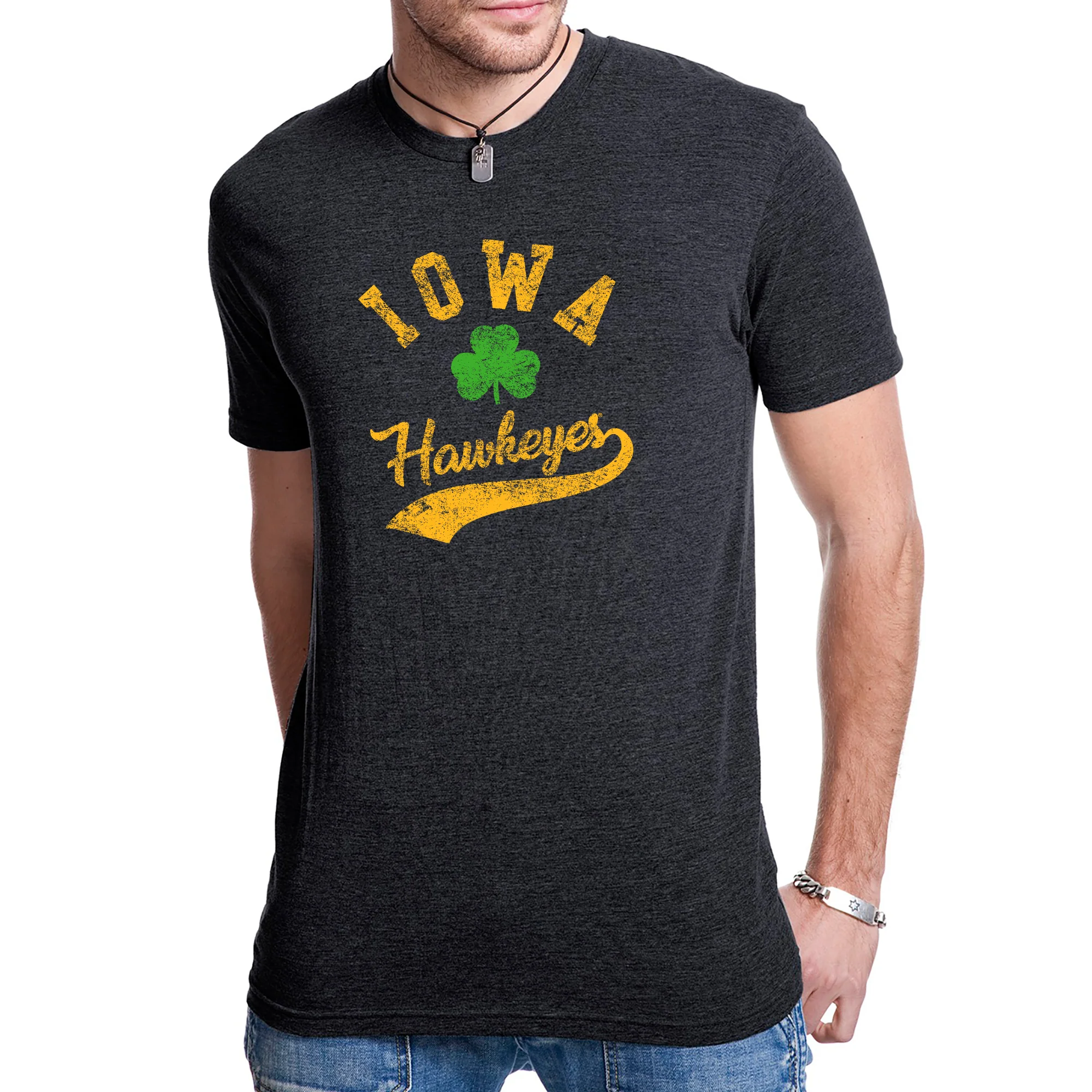 Iowa Hawkeyes Retro Clover Script Triblend T Shirt - Vintage Black - Image 3