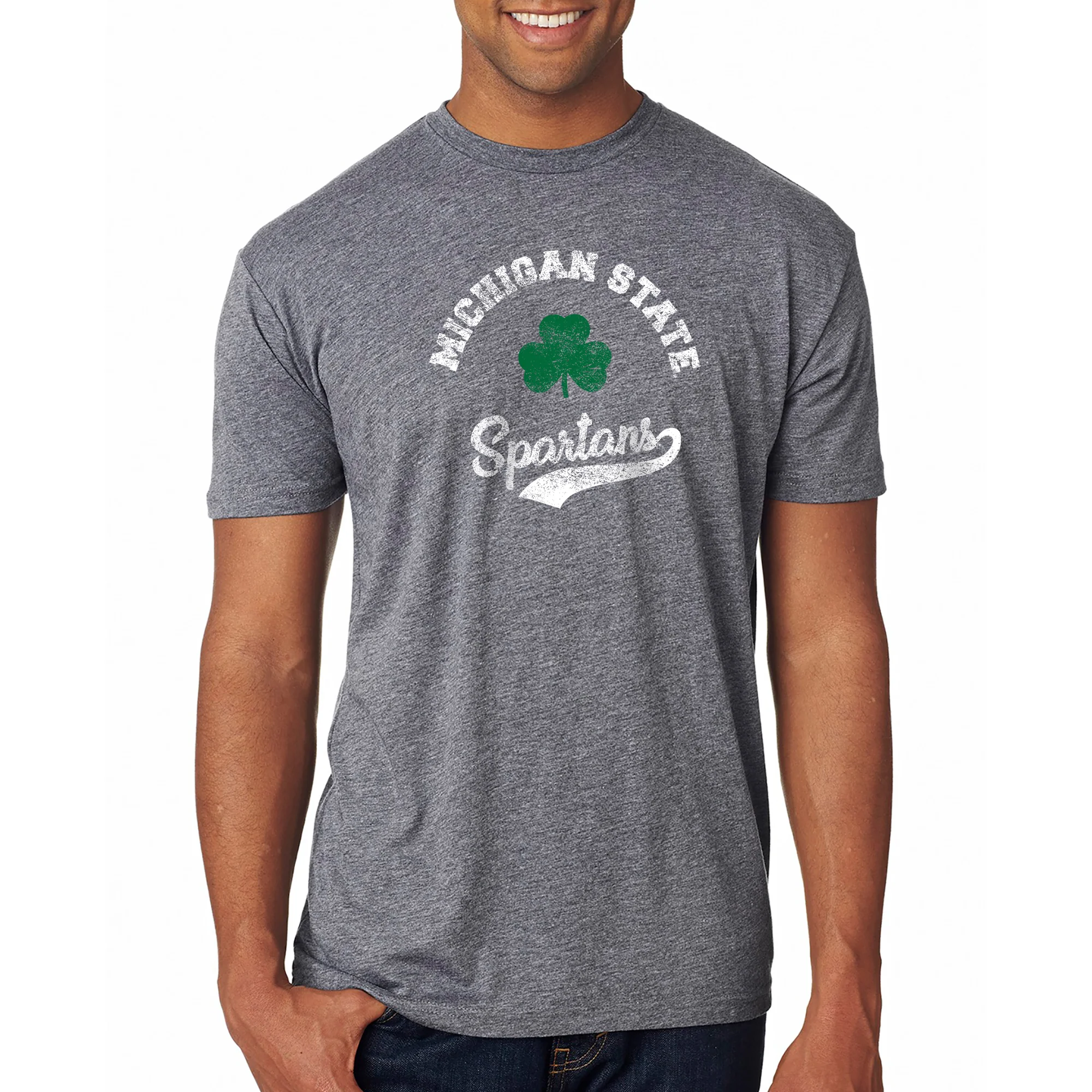Michigan State Spartans Retro Clover Script Triblend T Shirt - Premium Heather - Image 3