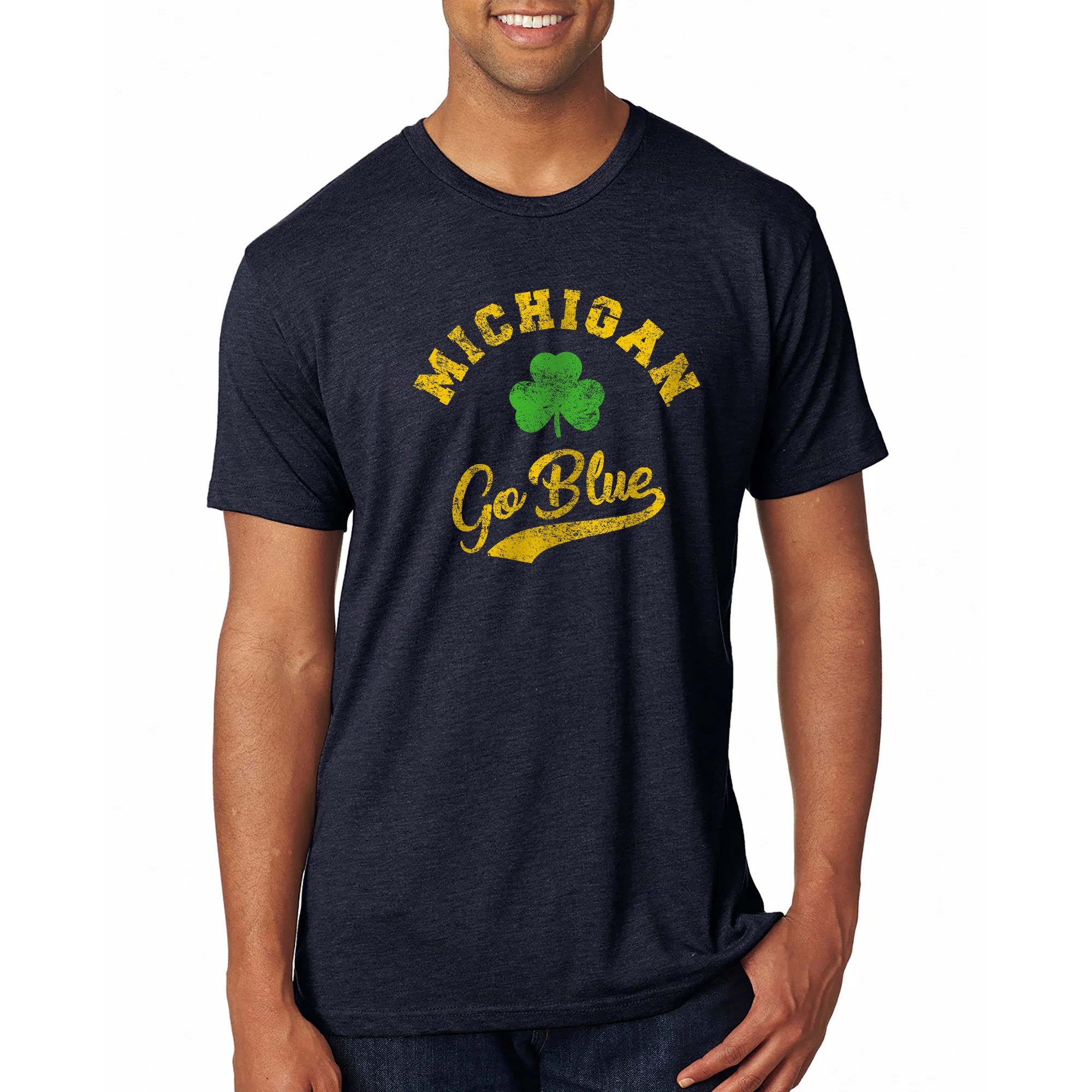 Michigan Wolverines Retro Clover Script Triblend T Shirt - Vintage Navy - Image 4