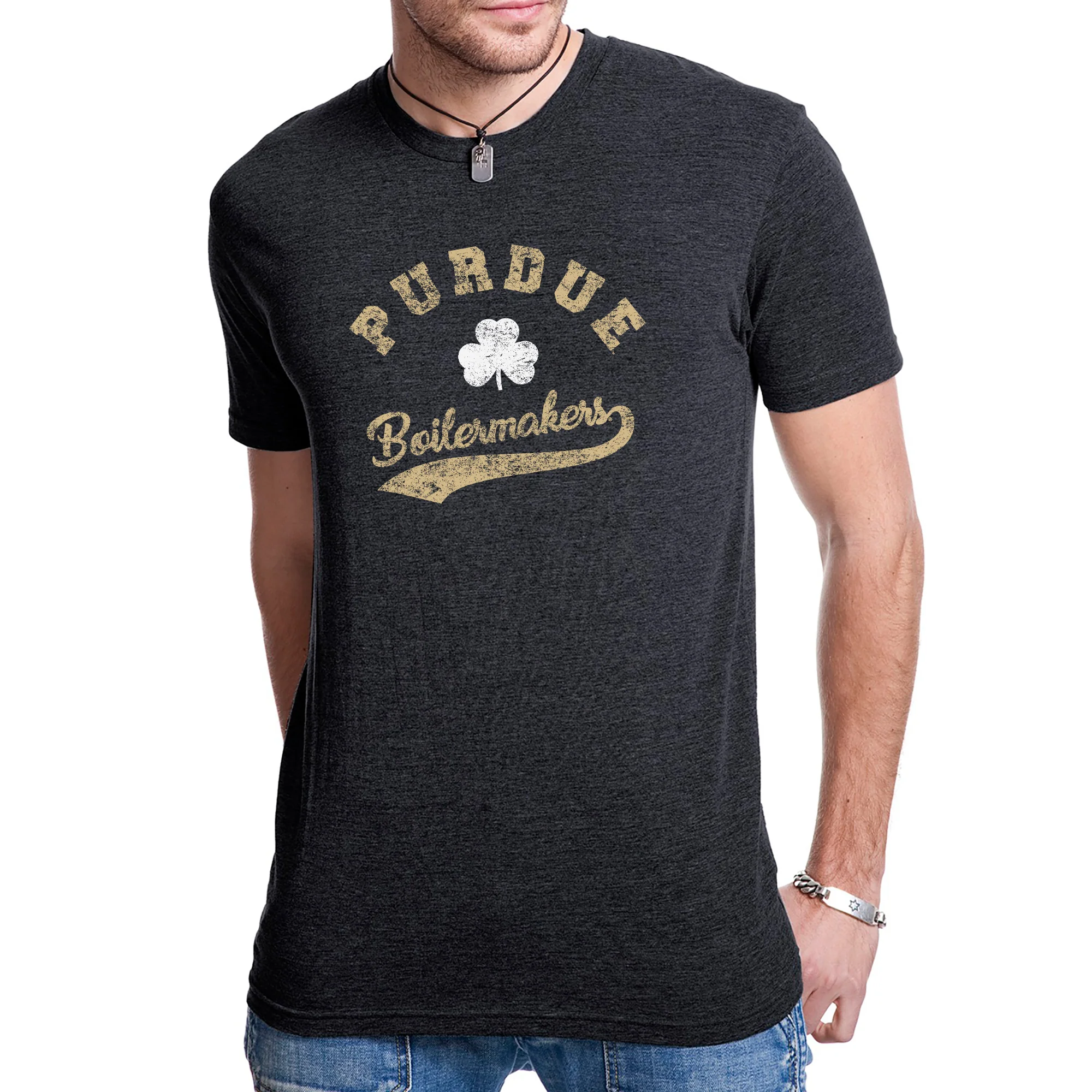 Purdue Boilermakers Retro Clover Script Triblend T Shirt - Vintage Black - Image 3