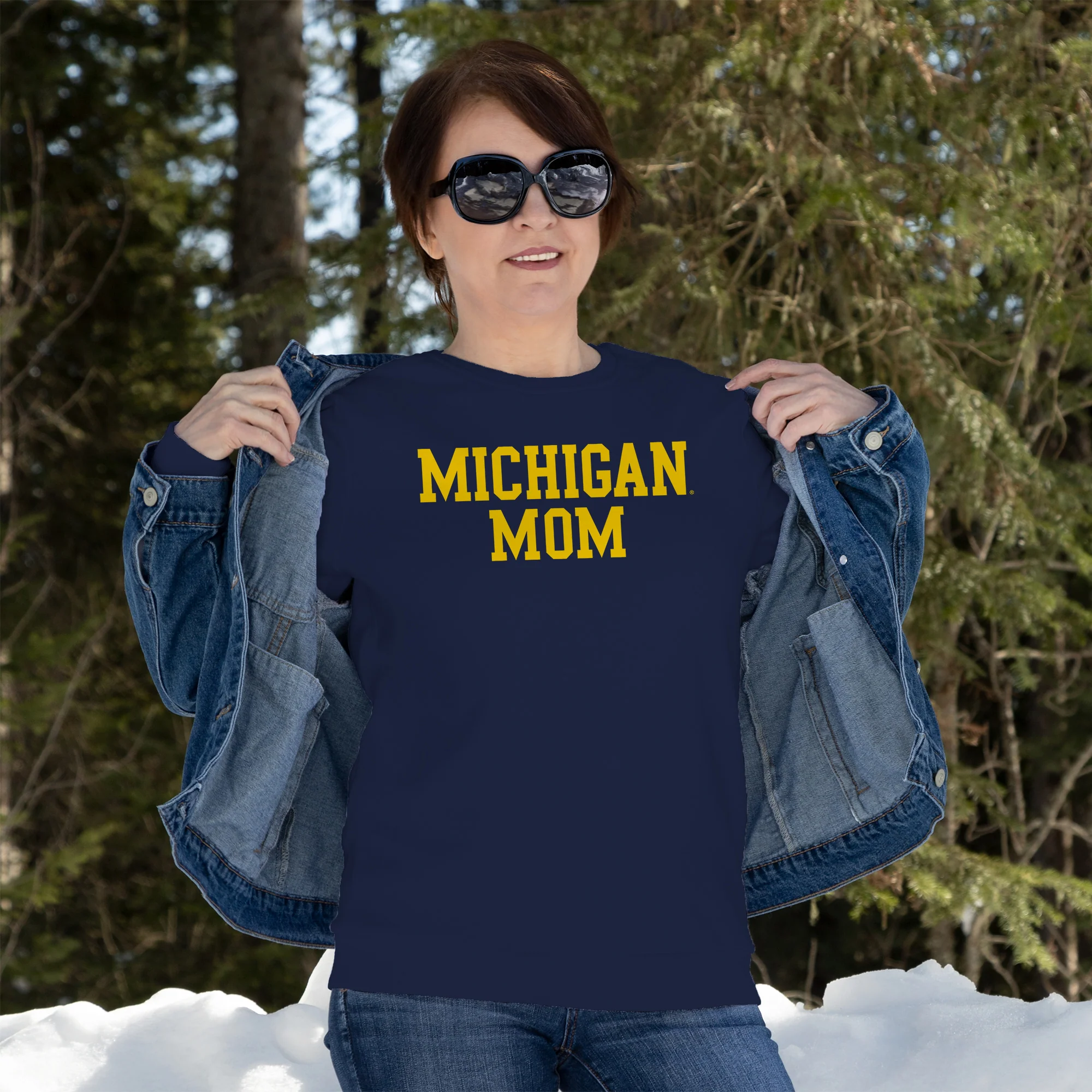Michigan Wolverines Basic Block Mom Crewneck Sweatshirt - Navy - Image 3