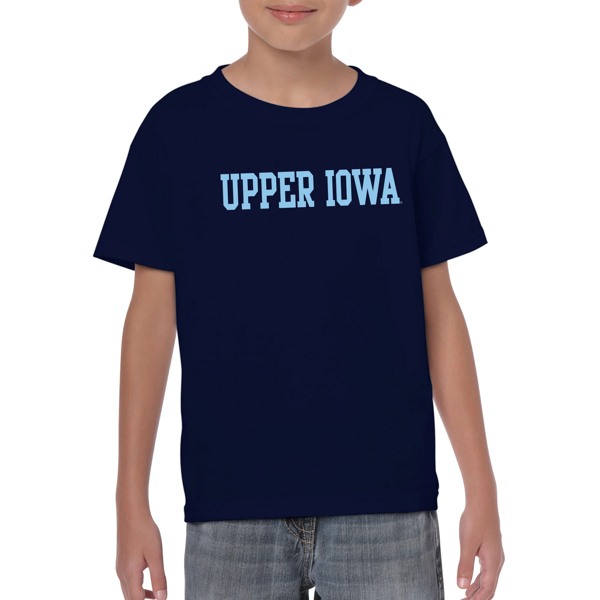 Upper Iowa University Peacocks Basic Block Heavy Cotton Youth Short Sleeve T Shirt - Navy - Image 3
