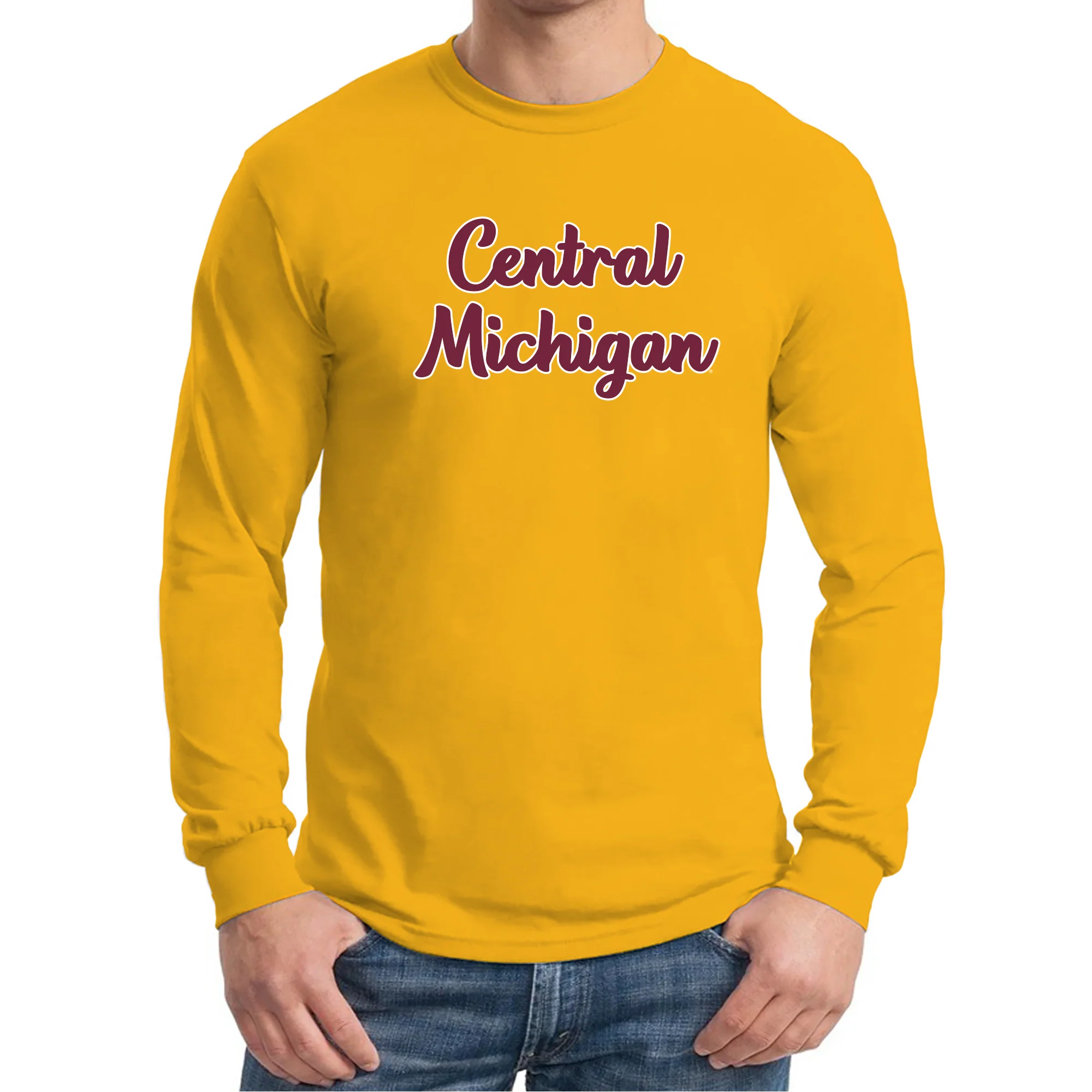 Central Michigan University Chippewas Basic Script Basic Cotton Long Sleeve T Shirt - Gold - Image 3