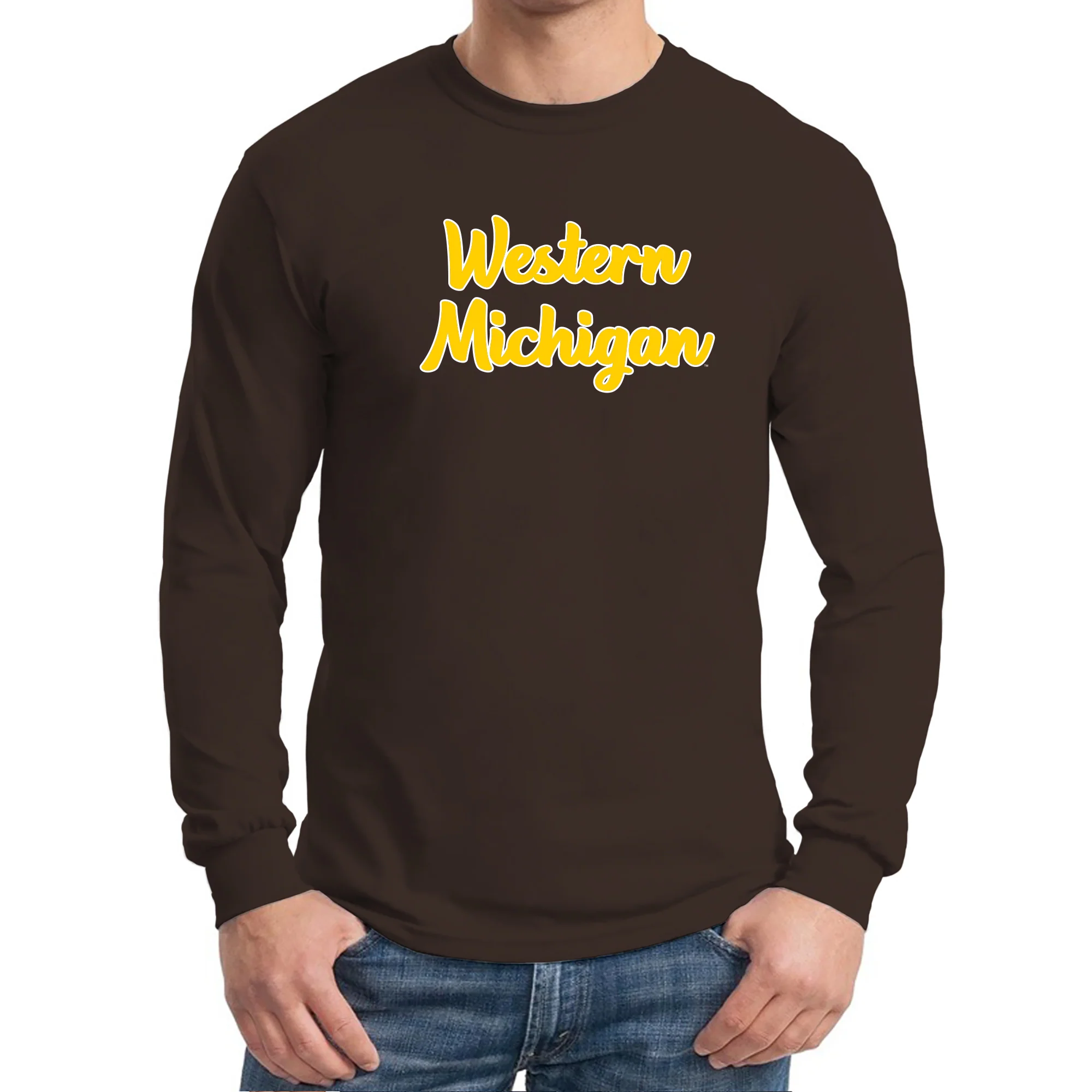 Basic Script Western Michigan Basic Cotton Long Sleeve T Shirt - Dark Chocolate - Image 3