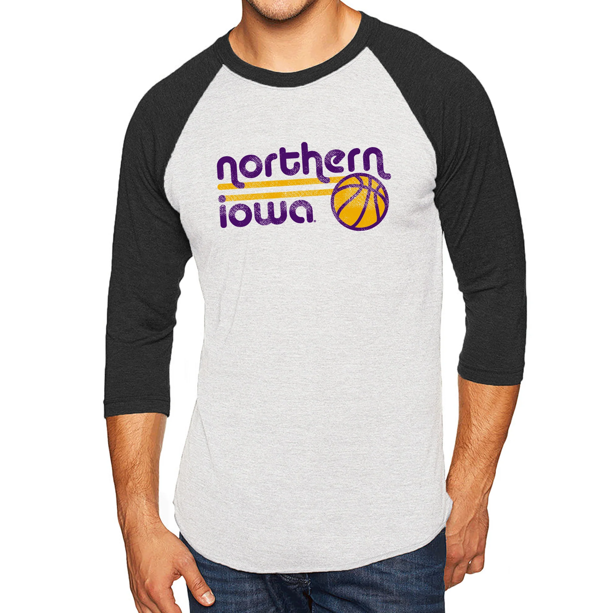 University of Northern Iowa Panthers Basketball Bubble Raglan T Shirt - Heather White/Vintage Black - Image 3