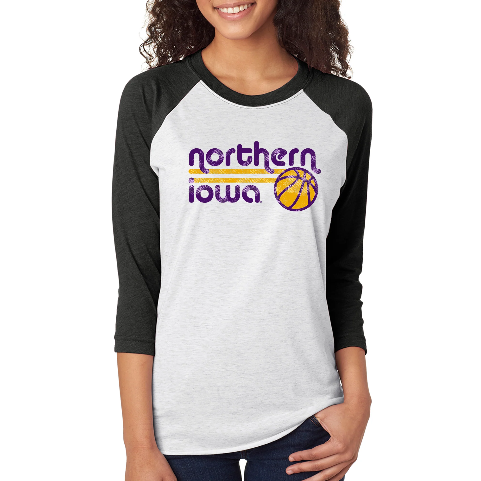University of Northern Iowa Panthers Basketball Bubble Raglan T Shirt - Heather White/Vintage Black - Image 4
