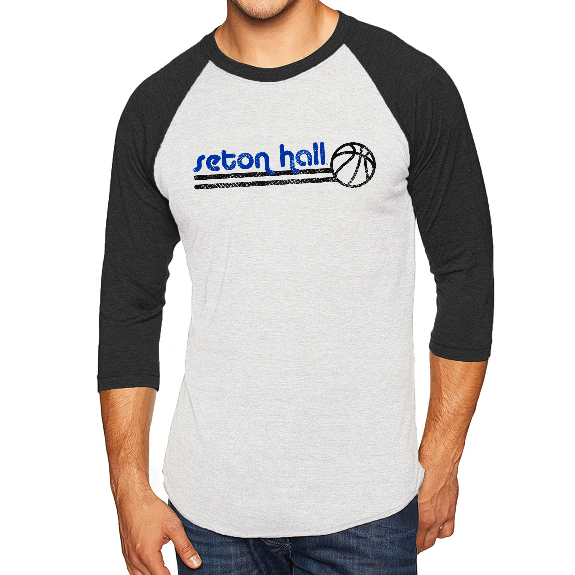 Seton Hall University Pirates Basketball Bubble Raglan T Shirt - Heather White/Vintage Black - Image 3