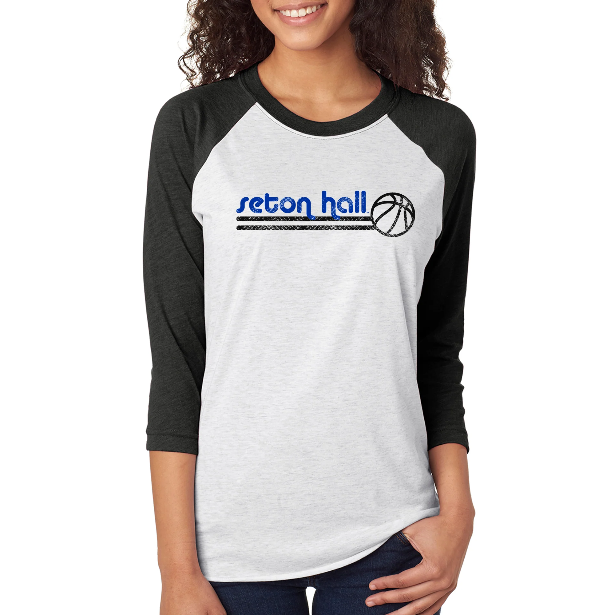 Seton Hall University Pirates Basketball Bubble Raglan T Shirt - Heather White/Vintage Black - Image 4