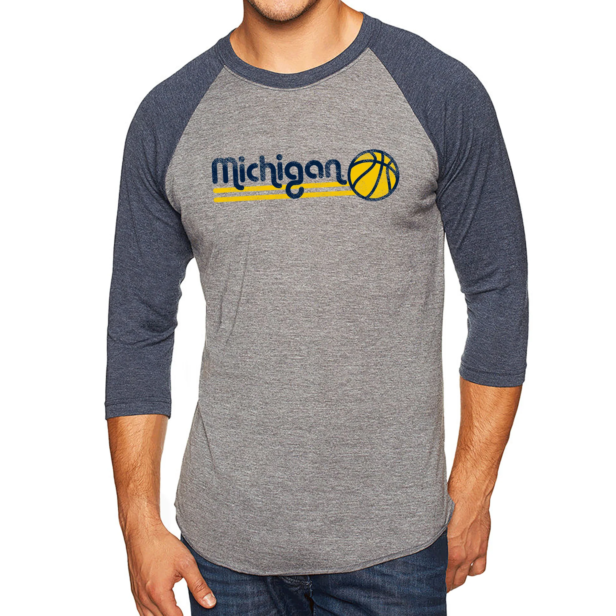 Basketball Bubble University of Michigan Raglan T Shirt - Premium Heather / Vintage Navy - Image 3