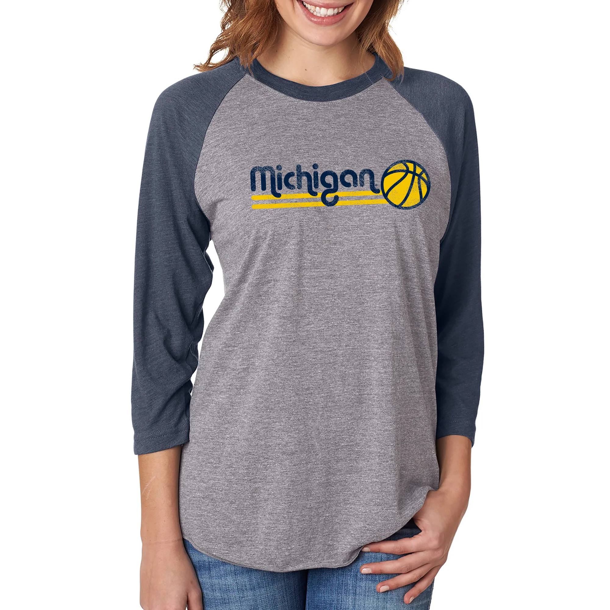 Basketball Bubble University of Michigan Raglan T Shirt - Premium Heather / Vintage Navy - Image 4