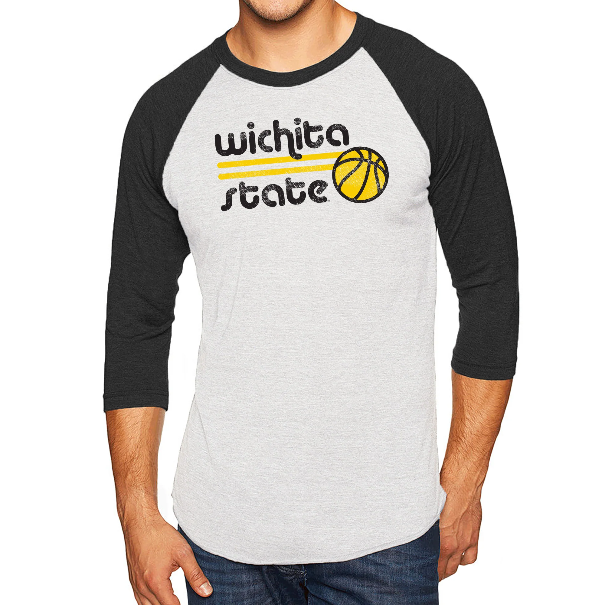 Wichita State University Shockers Basketball Bubble Raglan T Shirt - Heather White/Vintage Black - Image 3