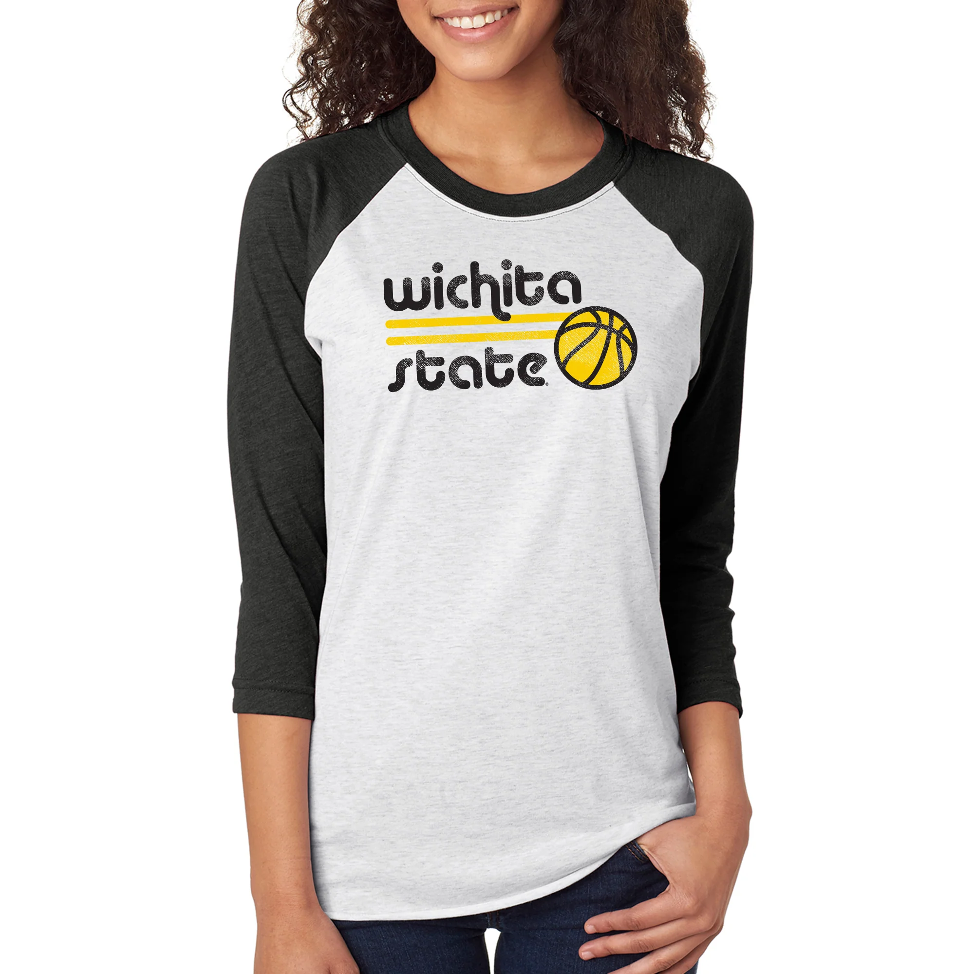 Wichita State University Shockers Basketball Bubble Raglan T Shirt - Heather White/Vintage Black - Image 4