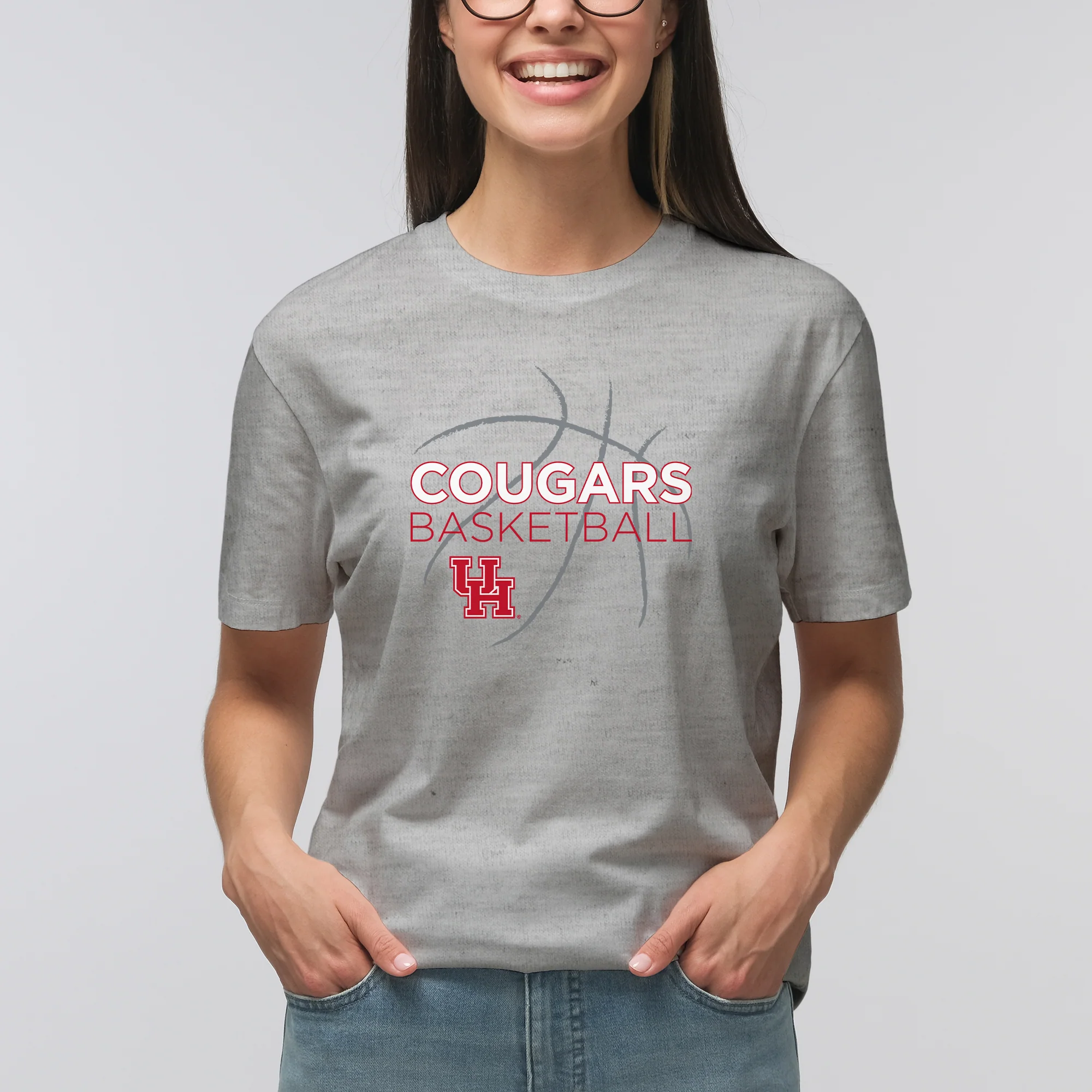 University of Houston Cougars Basketball Sketch Basic Cotton Short Sleeve T Shirt - Sport Grey - Image 4