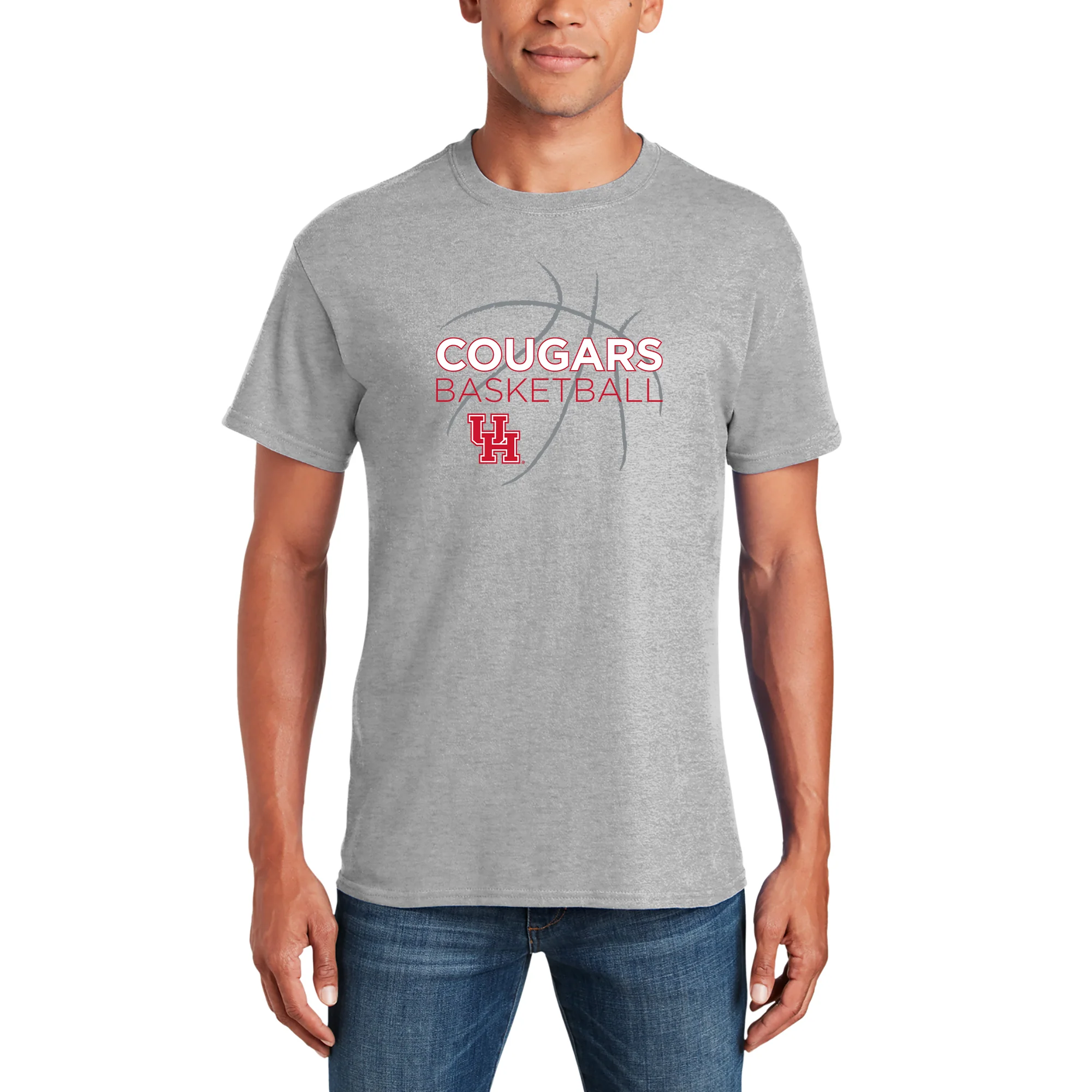 University of Houston Cougars Basketball Sketch Basic Cotton Short Sleeve T Shirt - Sport Grey - Image 5