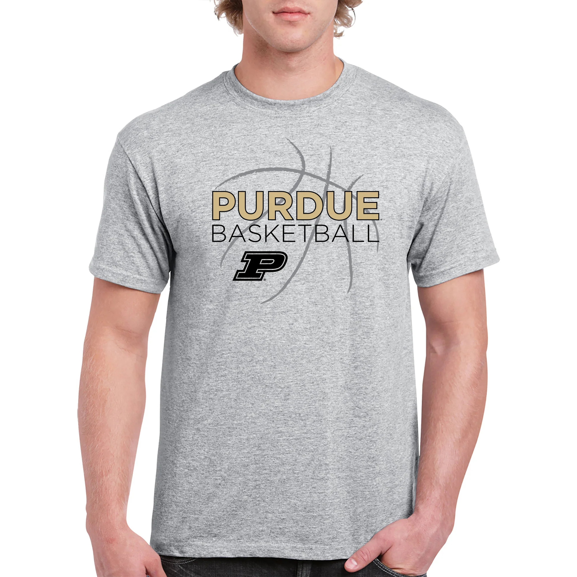 Purdue University Boilermakers Basketball Sketch Basic Cotton Short Sleeve T Shirt - Sport Grey - Image 3