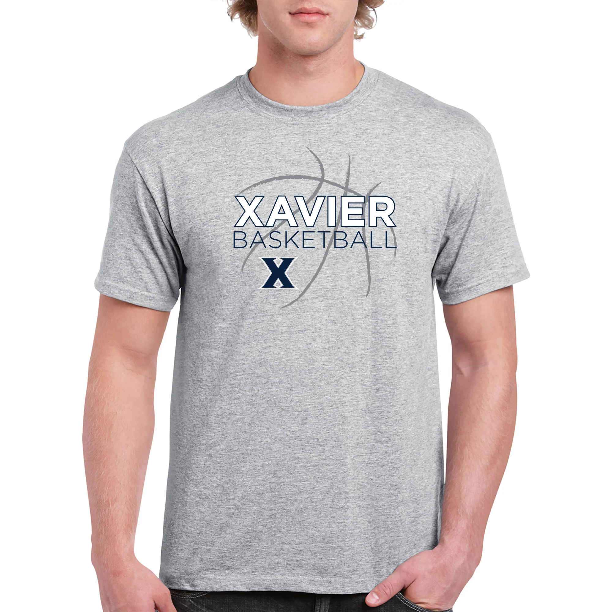 Xavier University Musketeers Basketball Sketch Basic Cotton Short Sleeve T Shirt - Sport Grey - Image 3