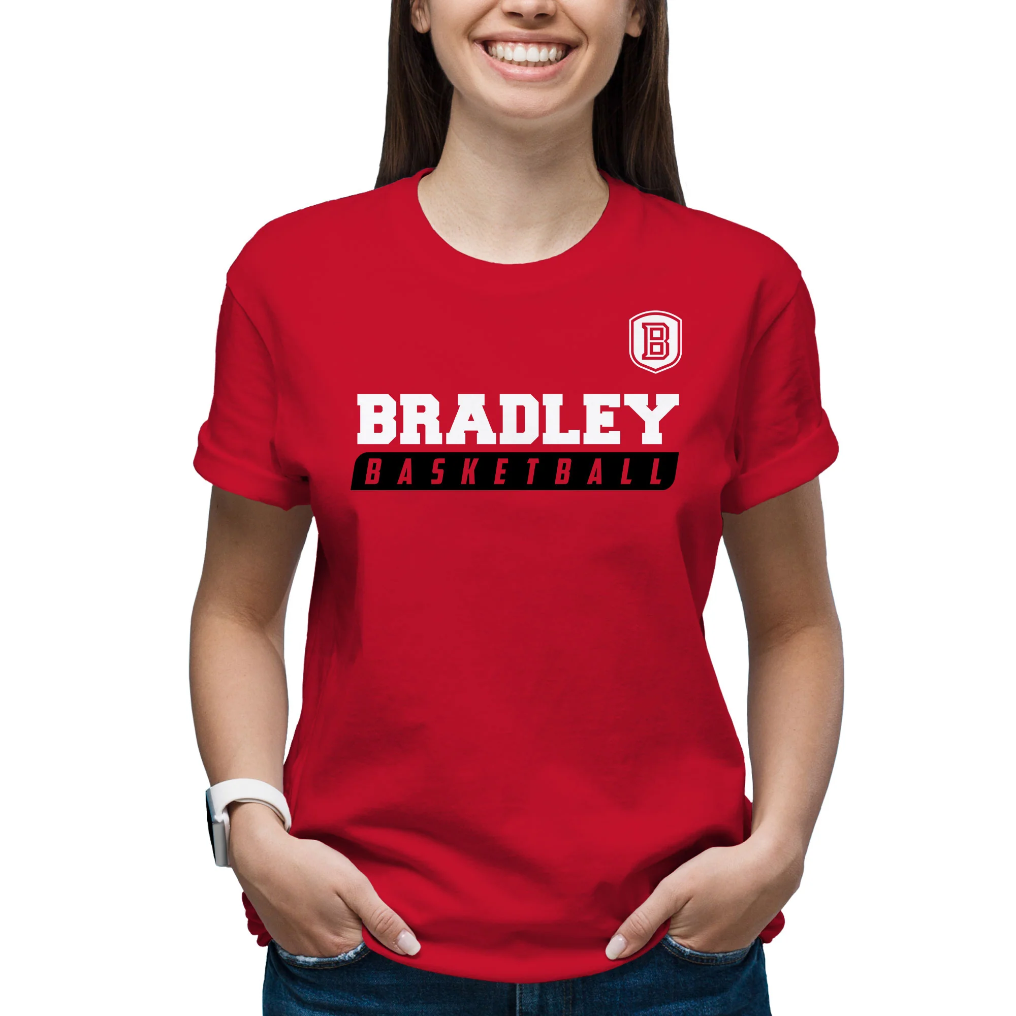 Bradley University Braves Basketball Slant Basic Cotton Short Sleeve T Shirt - Red - Image 4