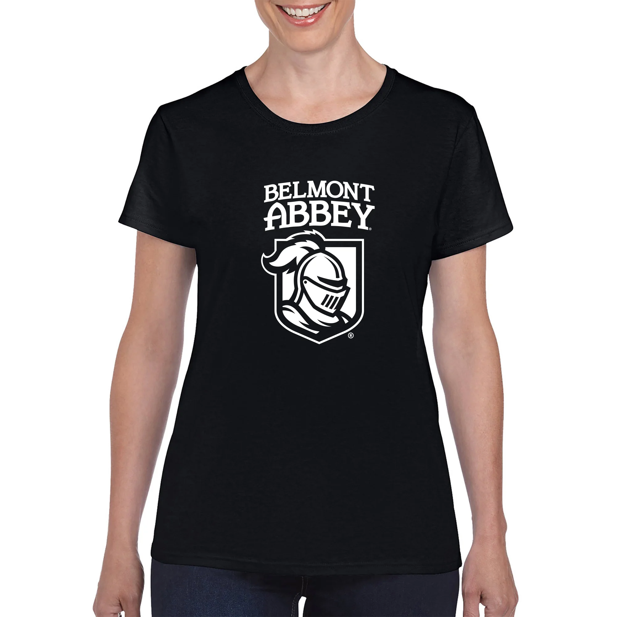 Belmont Abbey College Crusaders Arch Logo Women's Short Sleeve T Shirt - Black - Image 3