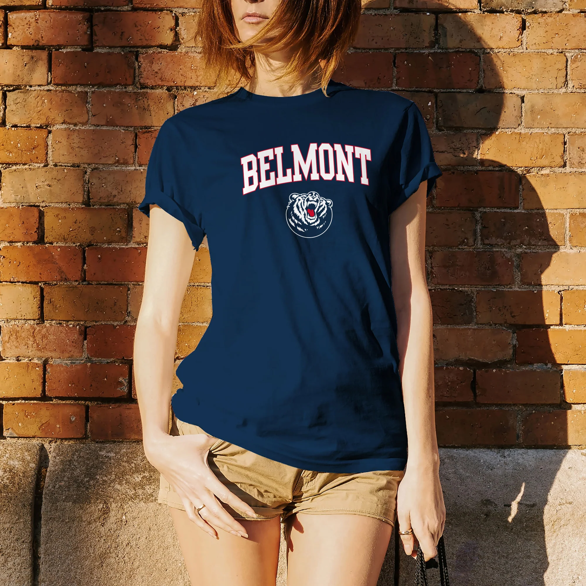 Belmont University Bruins Arch Logo Basic Cotton Short Sleeve T Shirt - Navy - Image 4