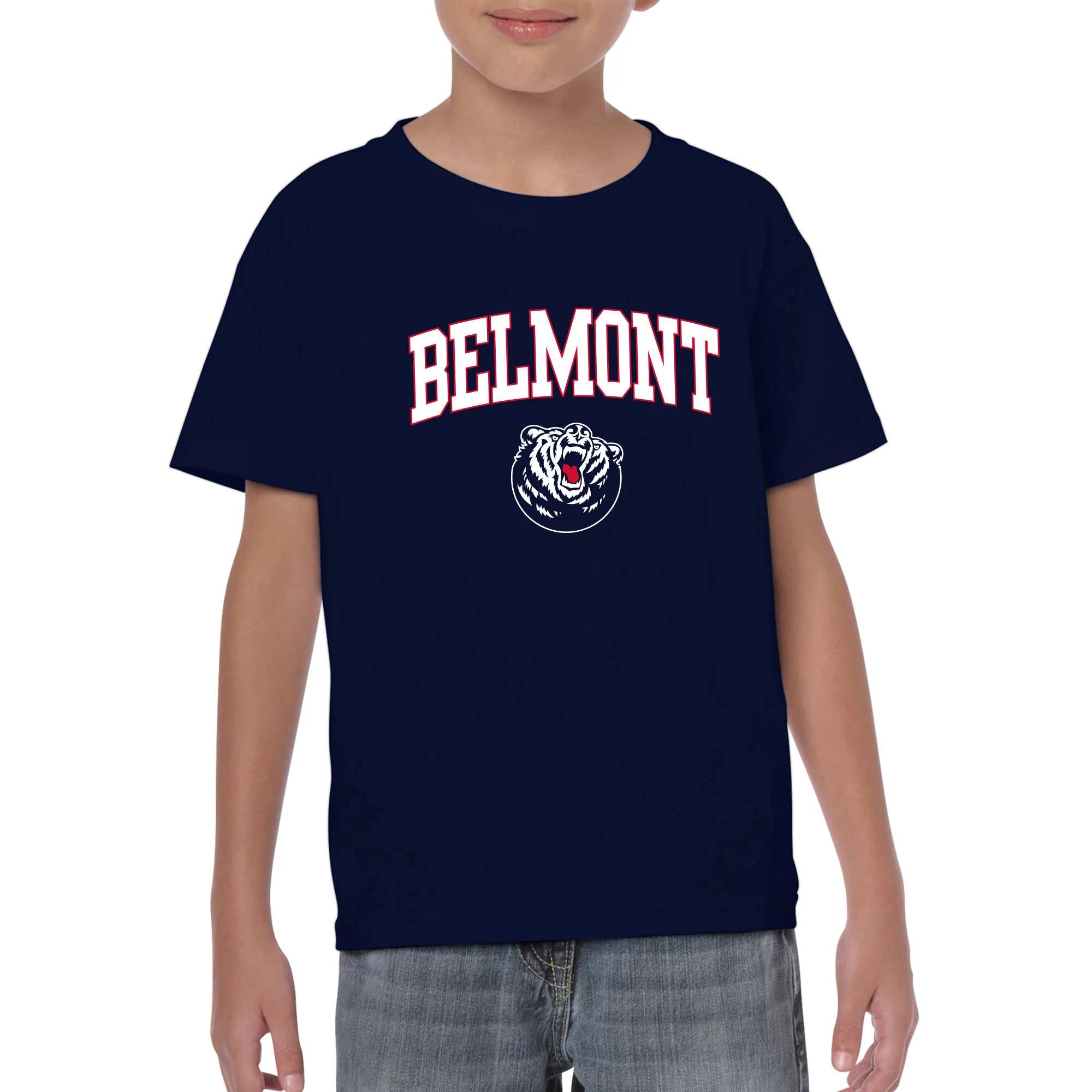 Belmont University Bruins Arch Logo Youth Basic Cotton Short Sleeve T Shirt - Navy - Image 3