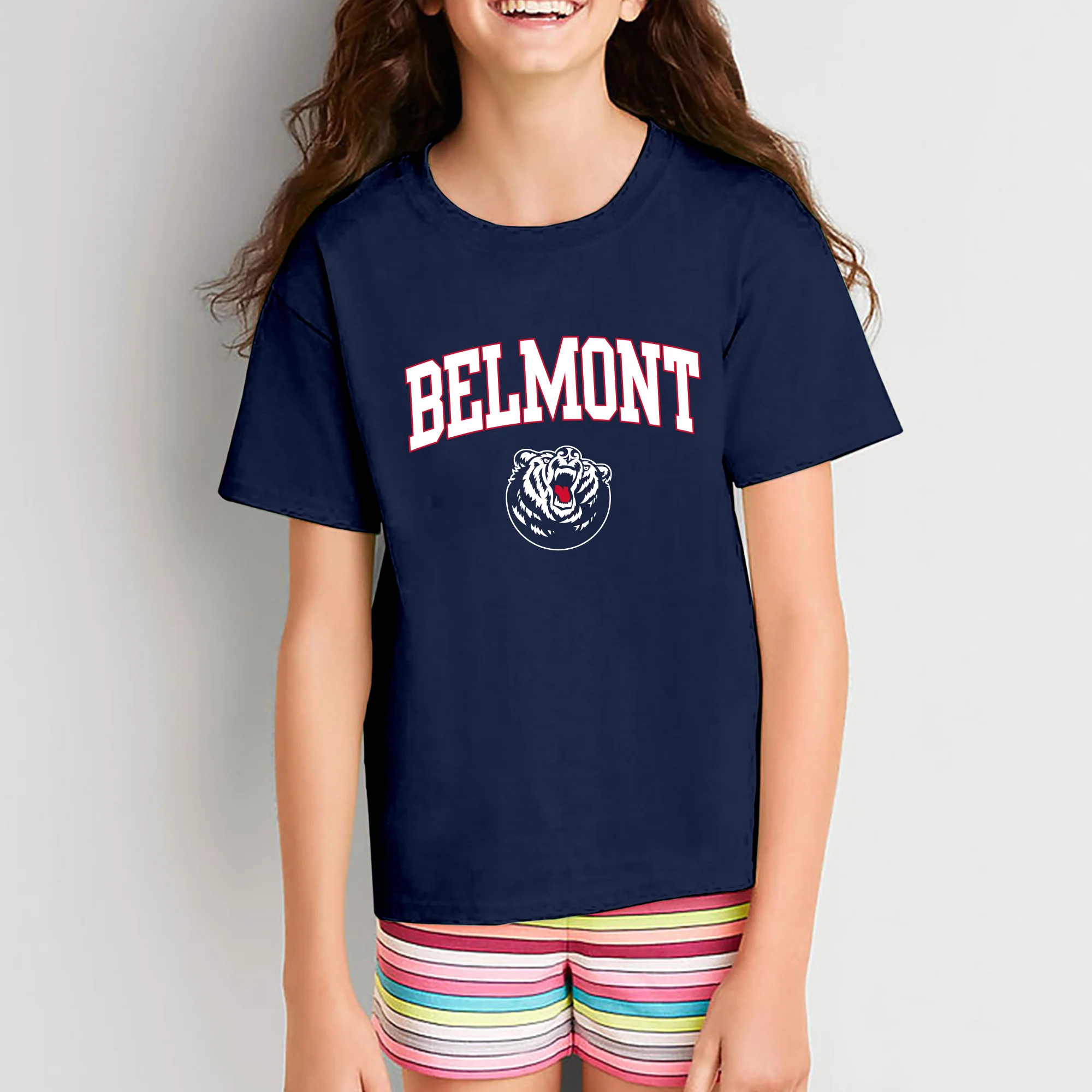 Belmont University Bruins Arch Logo Youth Basic Cotton Short Sleeve T Shirt - Navy - Image 4