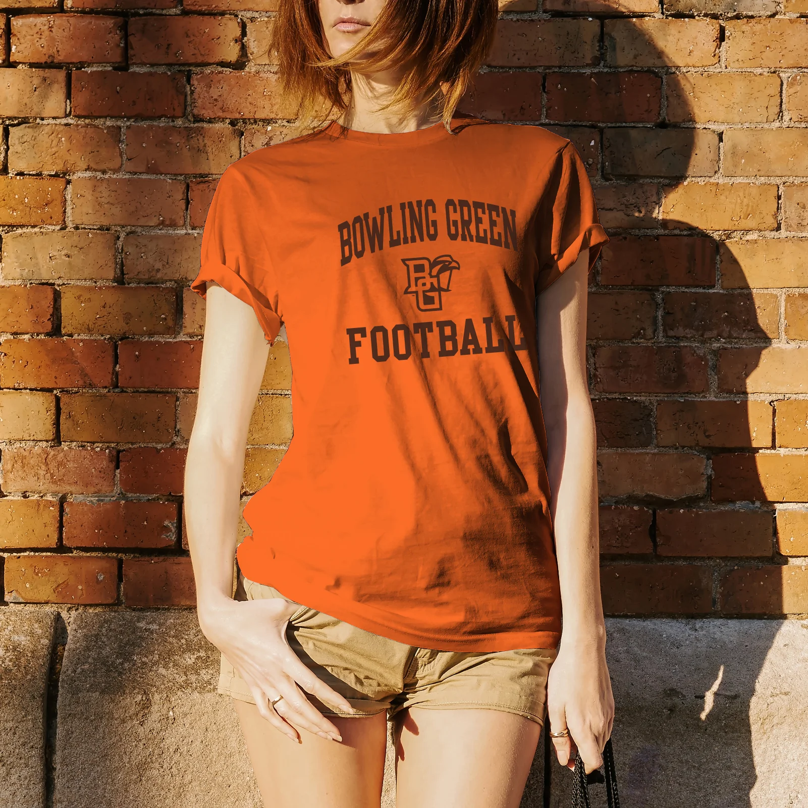 Bowling Green State University Falcons Arch Logo Football Basic Cotton Short Sleeve T Shirt - Orange - Image 4