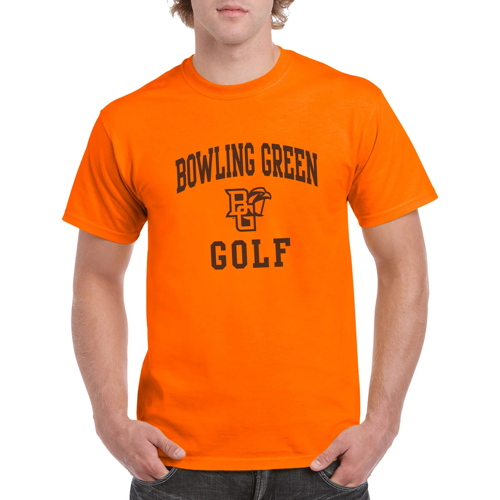Bowling Green State University Falcons Arch Logo Golf Basic Cotton Short Sleeve T Shirt - Orange - Image 4