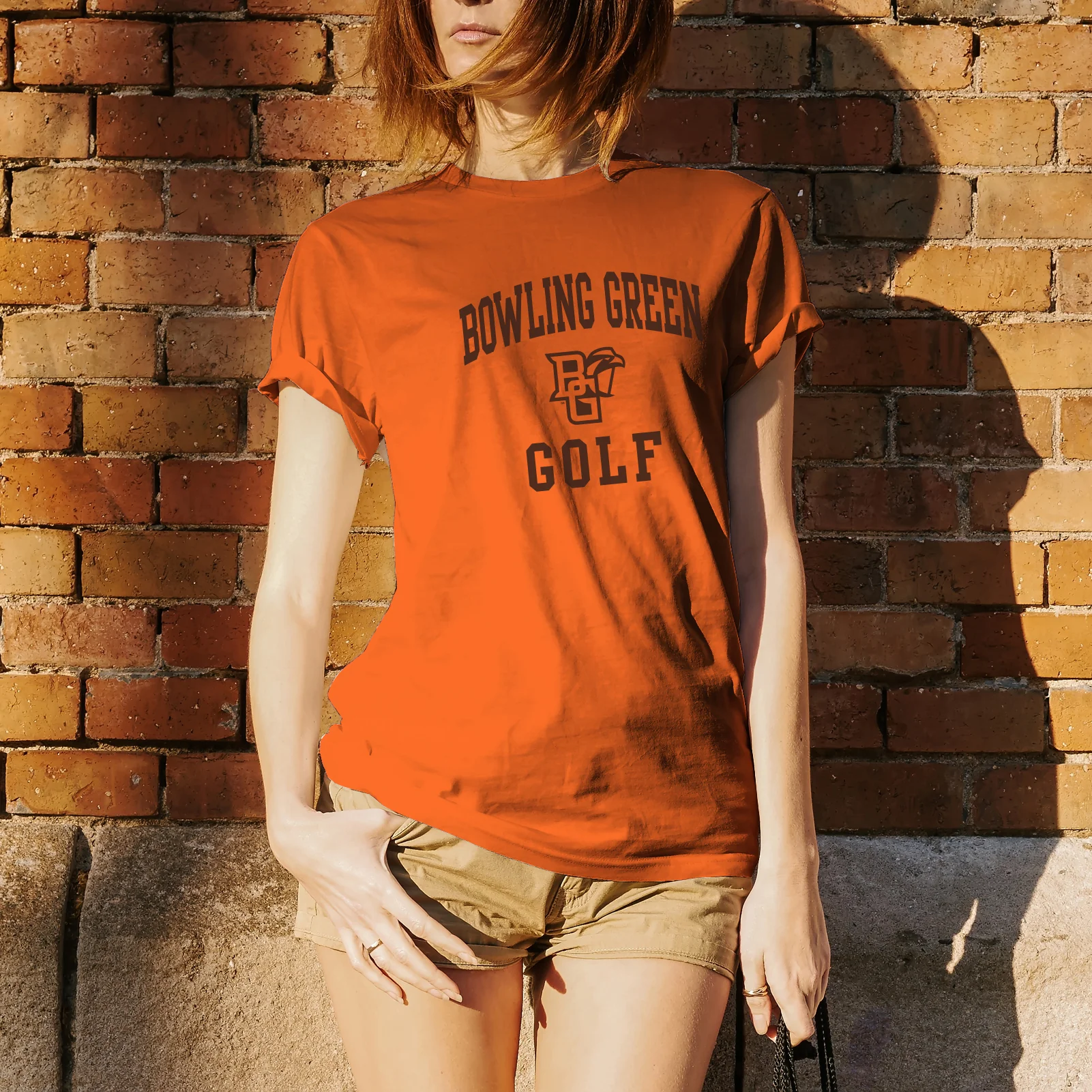 Bowling Green State University Falcons Arch Logo Golf Basic Cotton Short Sleeve T Shirt - Orange - Image 5